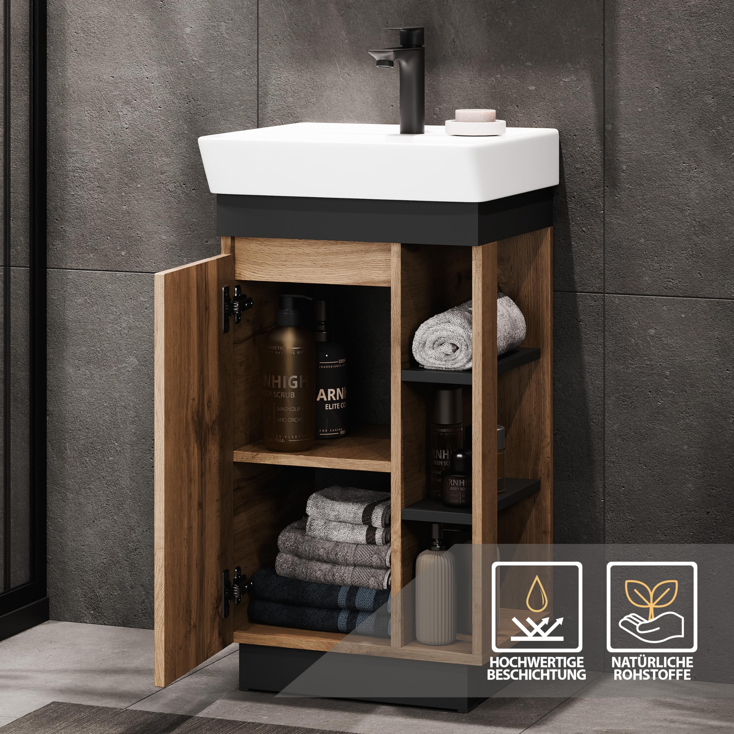 Planetmöbel Nyx Ensemble de Meubles de Salle de Bain 2 pièces Lavabo Meuble sous Vasque 45 x 85,9 x 42 cm Chêne Wotan/Anthracite avec Armoire de Toilette 50 x 65 x 11,4 cm avec Lampe LED apparente