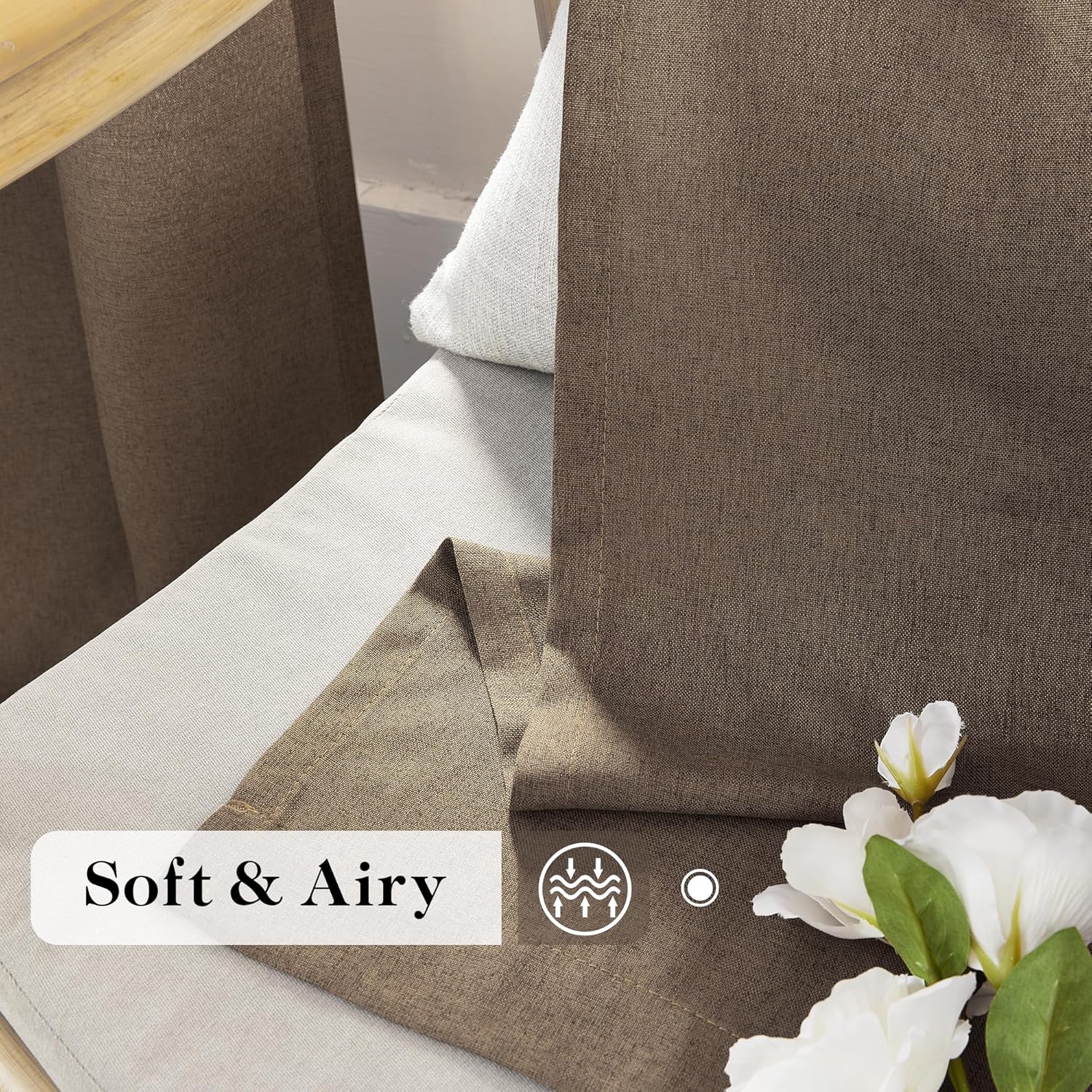 DONREN Back Tab and Rod Pocket Linen Curtains 102 Inch Length 2 Panels Set, Light Filtering Semi Sheer Farmhouse Boho Curtains & Drapes for Bedroom Living Room, W50 x L102，Brown