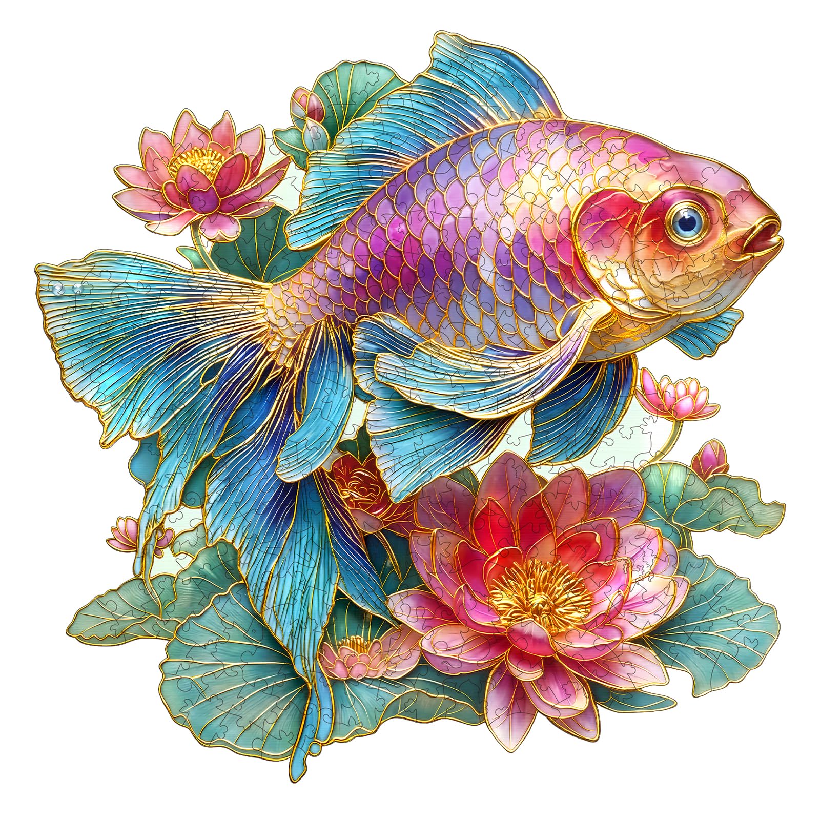 Jigfoxy Goldfish and Lotus Wooden Jigsaw Puzzles for Adults, 290pcs Unique Animal Shape Wood Puzzles, Birthday Gifts for Family Friend with wooden box(13.4 * 13.4in)