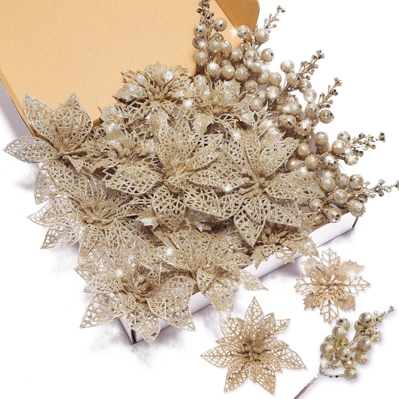 Xmastell Champagne Poinsettia Artificial Flowers Set, 22 Pcs Christmas Flowers For Tree With 16 Poinsettia & 6 Berries Picks, Xmas Tree Flower Decorations For Festive Home Decor Chamagne
