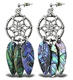 Dream Catcher Earrings Jewelry - Authentic Dangle Hook Earrings Made with Natural Paua Abalone Shell - Unique Colorful Jewel For Women & Teens For Daily Occasions