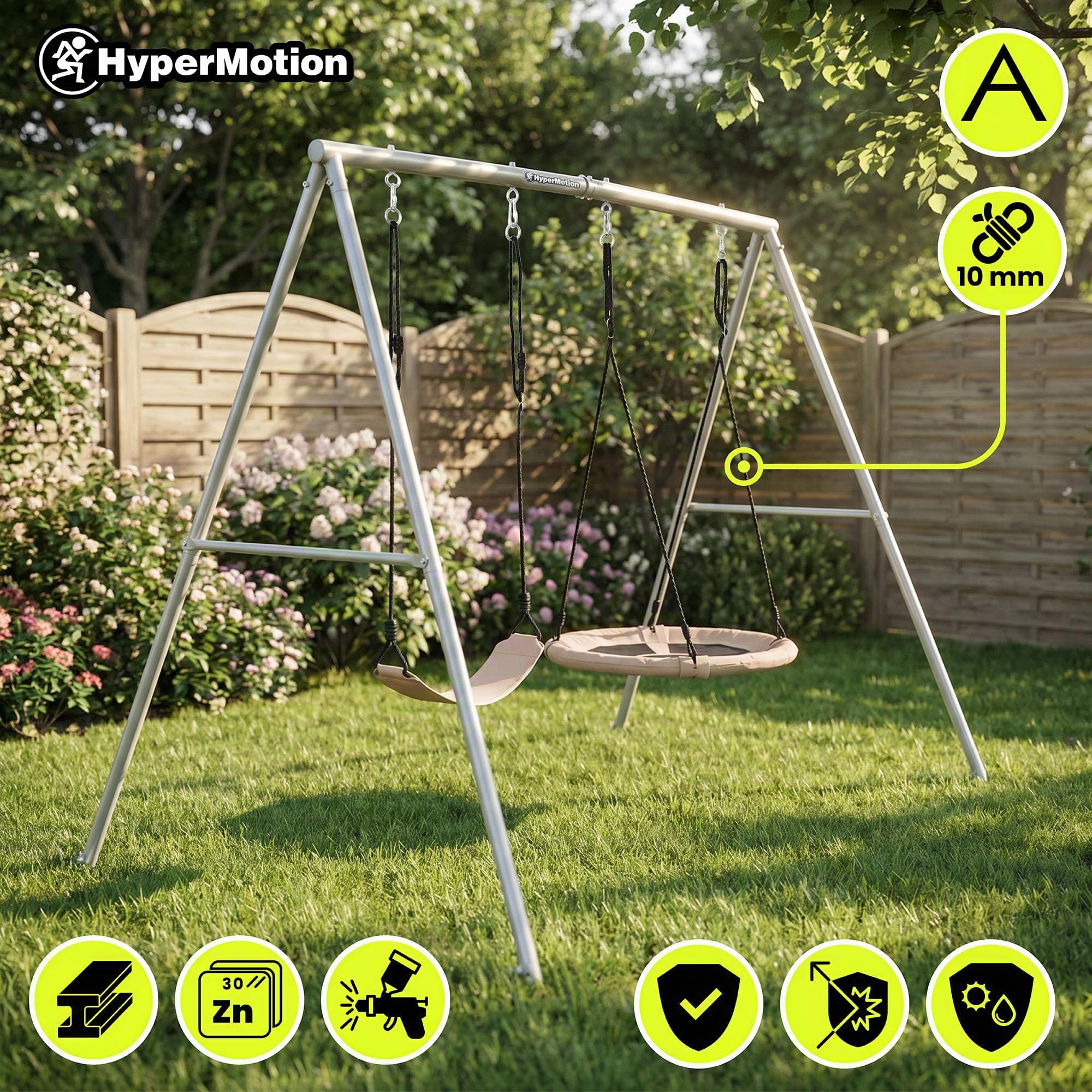 HyperMotion Balançoire Double en Métal Peint Gris/Beige, Siège Classique et Nid d'Oiseau, Structure 235 × 172 × 183 cm, Capacité 100 kg par Siège, 2 Places