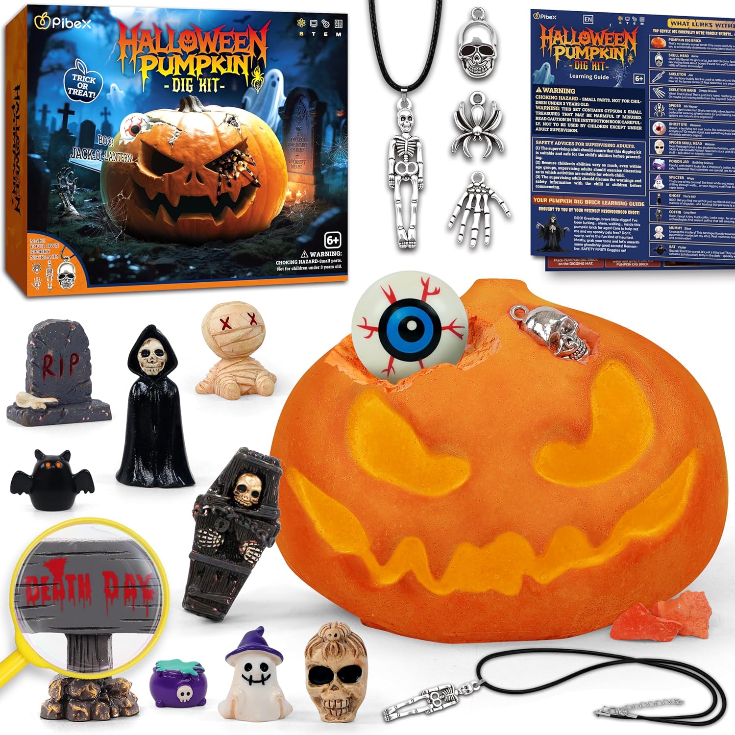 PIBEX Spooky Pumpkin Dig Kit – Excavation Science Kit with 14 Hidden Treasures (4 Metal Charms + 10 Creepy Minis) DIY Necklace Craft & Archaeology Adventure Toy for Kids Ages 6+