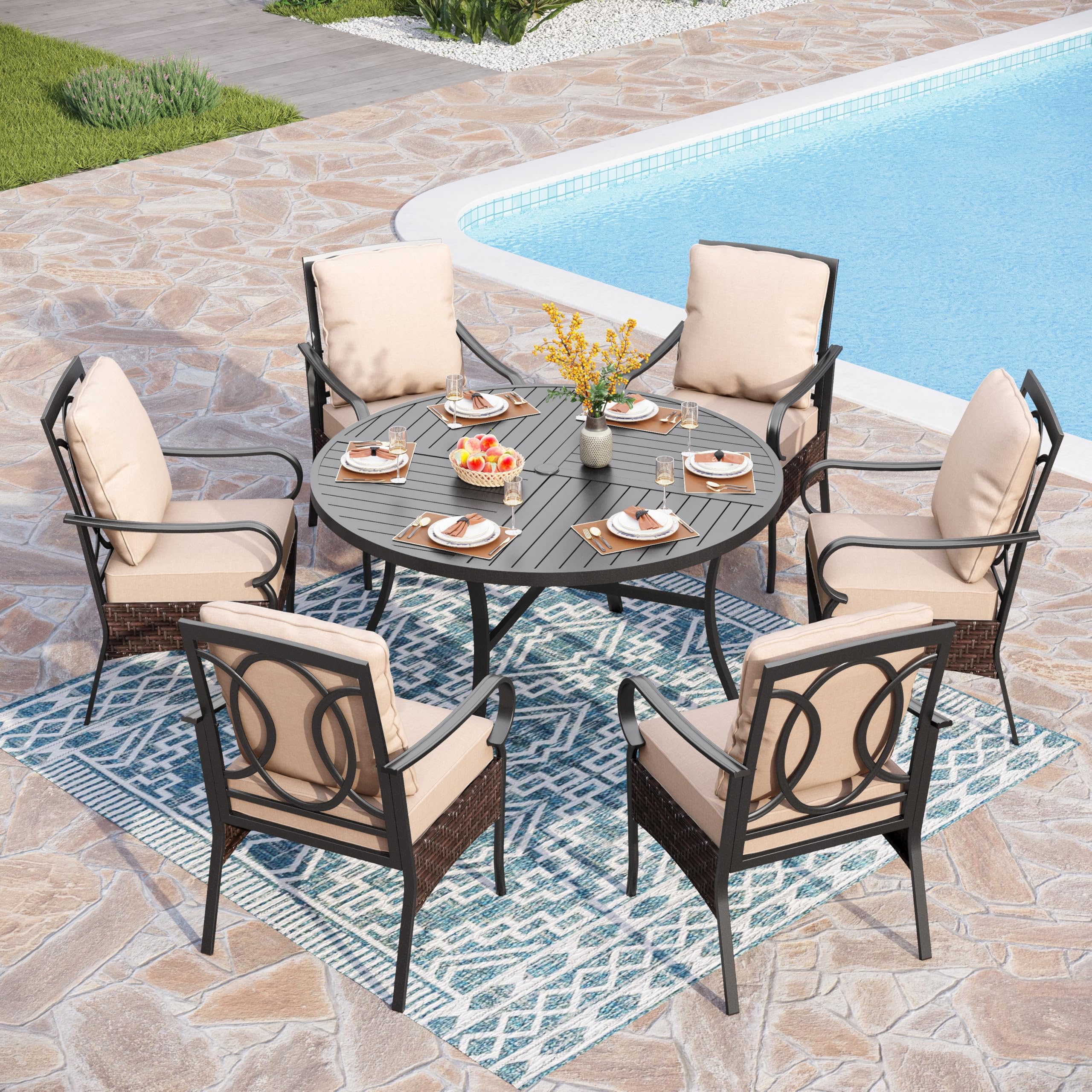 PHI VILLA 7 Pieces Patio Dining Set, Outdoor Round Table and Chairs for 6, 52" Round Dining Table with Umbrella Hole & 6 Heavy Metal Wicker Chairs