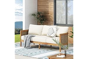 Merax Wicker Acacia Wood Outdoor Patio Conversation Set - 3 Seater Sofa for Backyard
