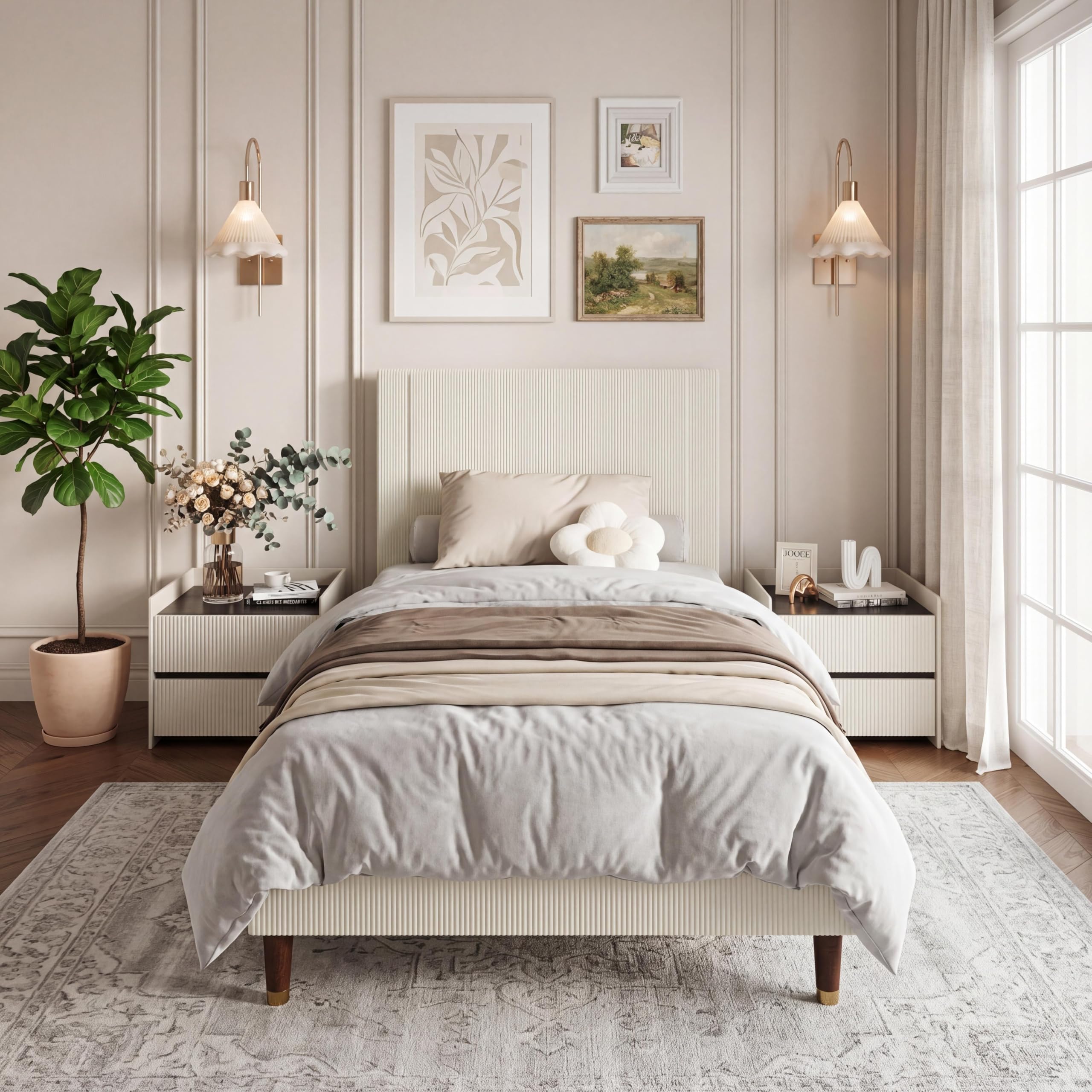 Garvee Twin Size Platform Bed Frame, Modern Twin Bed Frame with Upholstered Headboard and Strong Metal Slats Support, No Boxing Spring Needed, Easy Assembly, Beige