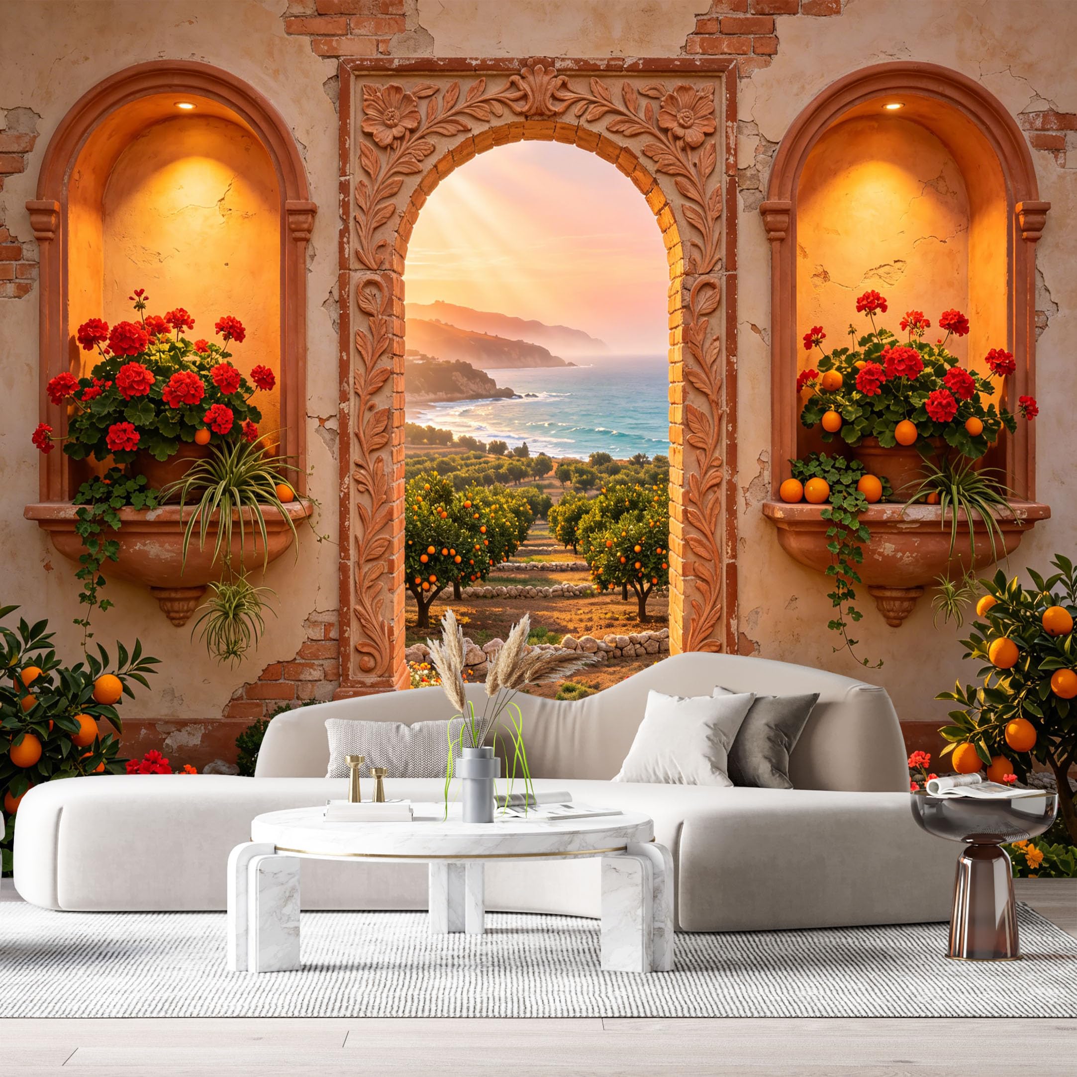 Custom Size Wall Murals Mediterranean Coastal Landscape 3D Trompe L'Oeil Orange Trees Sun Rays SelfAdhesive Wall Fabric Removable Large Wallpaper for Photo Living Room