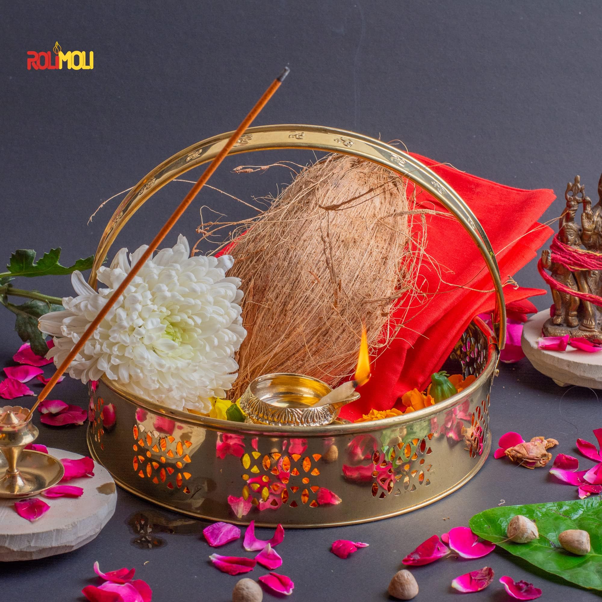 ROLIMOLI New Center Laxmi Design Brass Basket Circle Shaped for Pooja ghar 21 cm Diameter (Gold) 3