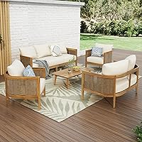 Merax 5-Piece Acacia Wood Wicker Outdoor Conversation Set: 3-Seater Sofa, Loveseat, Chairs & Coffee Table for Patio Backyard