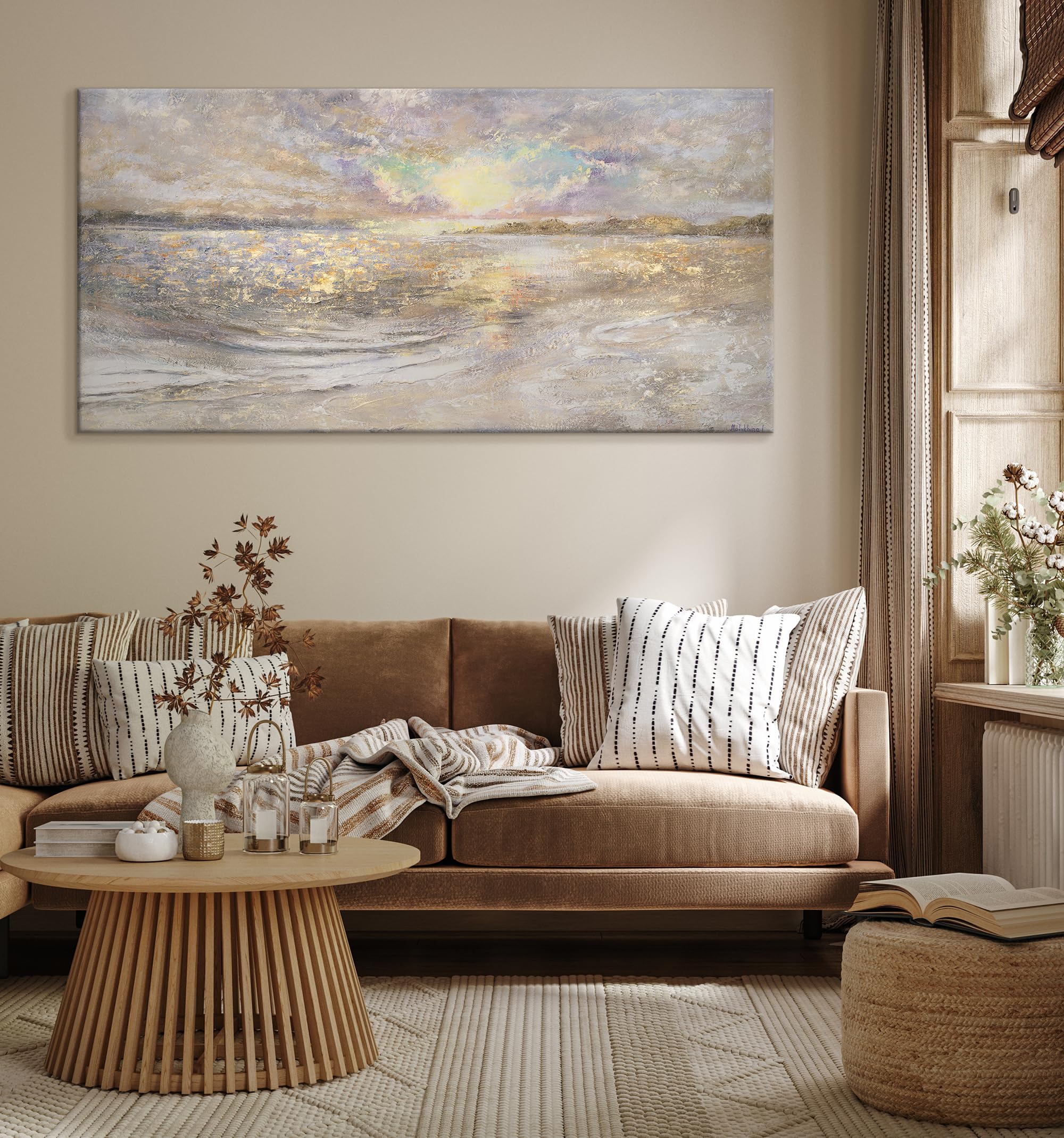 YS Tableau peinte à la main Crépuscule de la mer Art abstrait modern Surface texturée Motif de la mer en été dans des couleurs claires Déco murale salon 140x70 cm