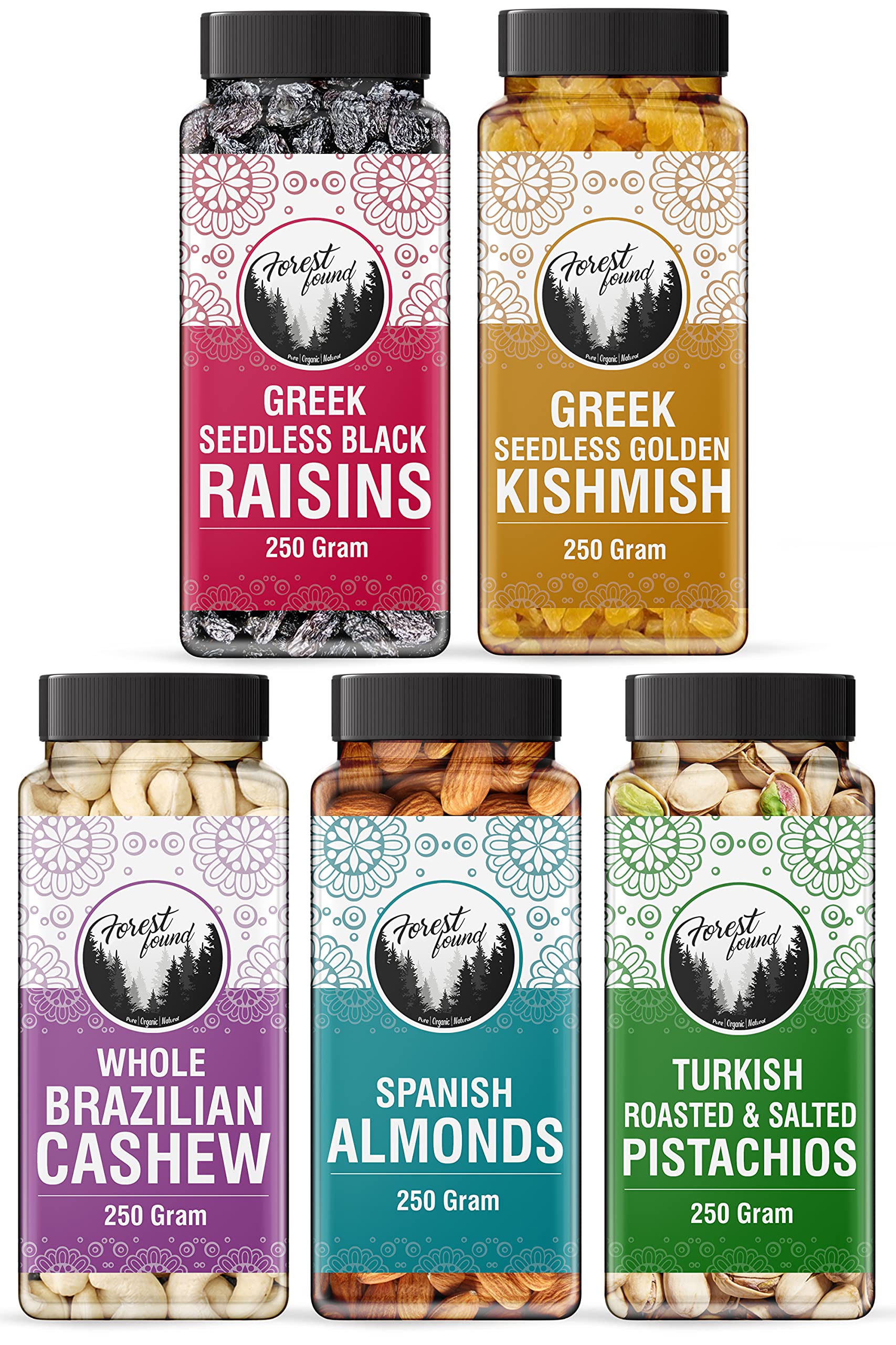 Forest Found Dry Fruits Combo Pack – 1.250 Kg (250g * 5) [Almonds, Cashews, Pistachios, Golden Raisins (Not Regular Green Raisin) And Black Raisins (Both Seedless)] Dry Fruit (B095224G2N) Amazon Price History, Amazon Price Tracker