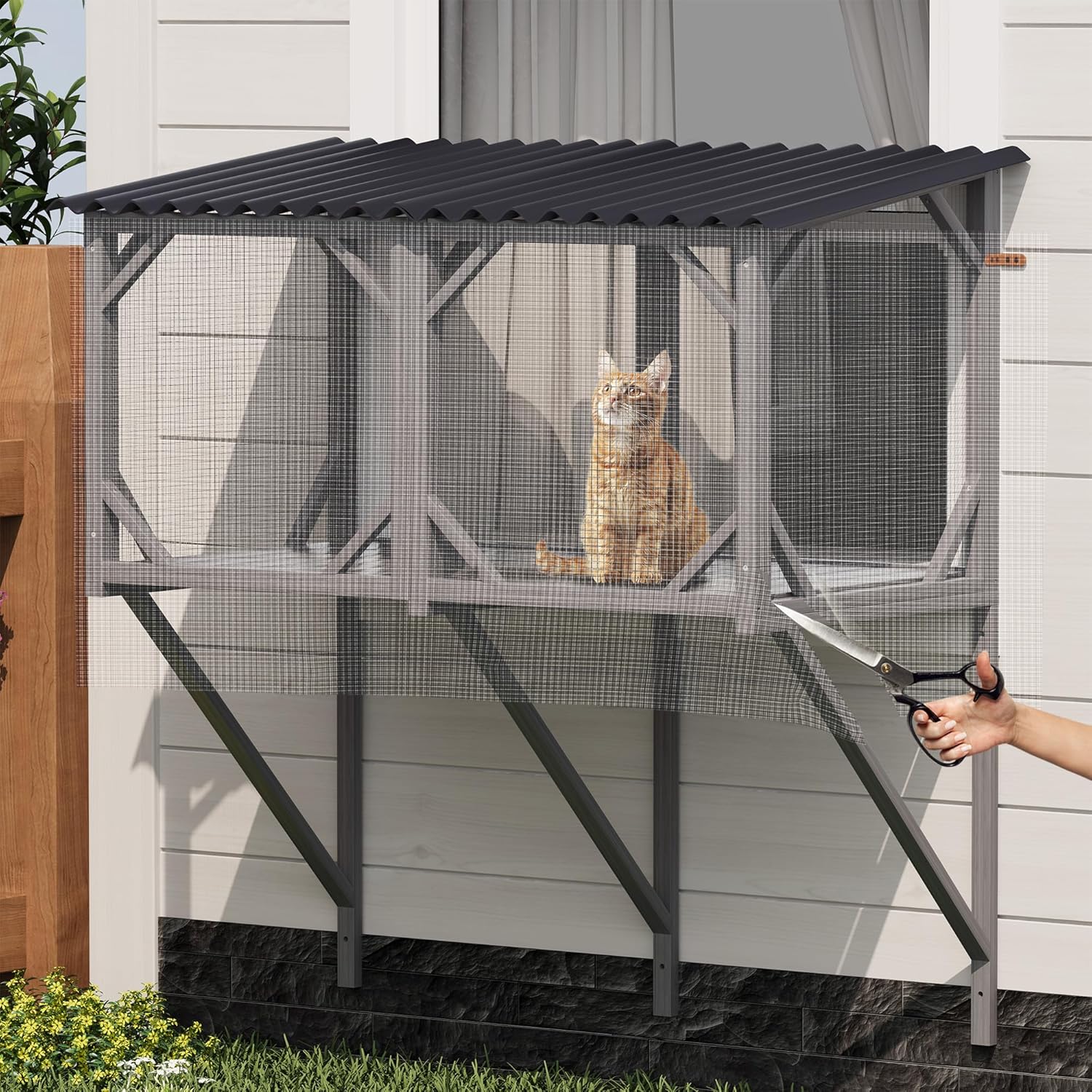 Cat Window Box Catio, 43.3" x 25.2" x 47.2", Outdoor Cat Enclosure with Bug-Proof Net, Antique Gray