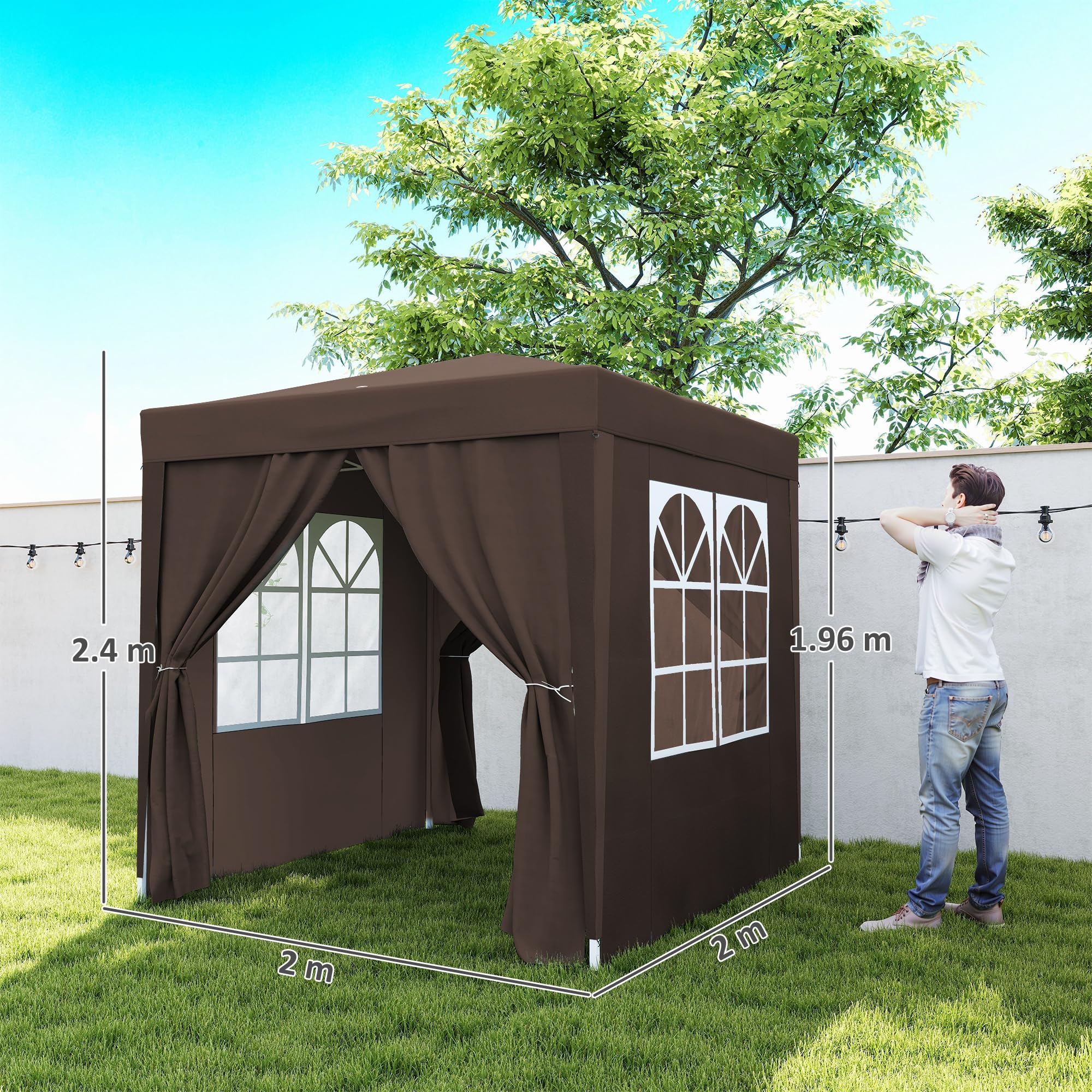 Outsunny Gazebo 2x2 m Pop-up Impermeabile con 4 Pareti Rimovibili, Marrone
