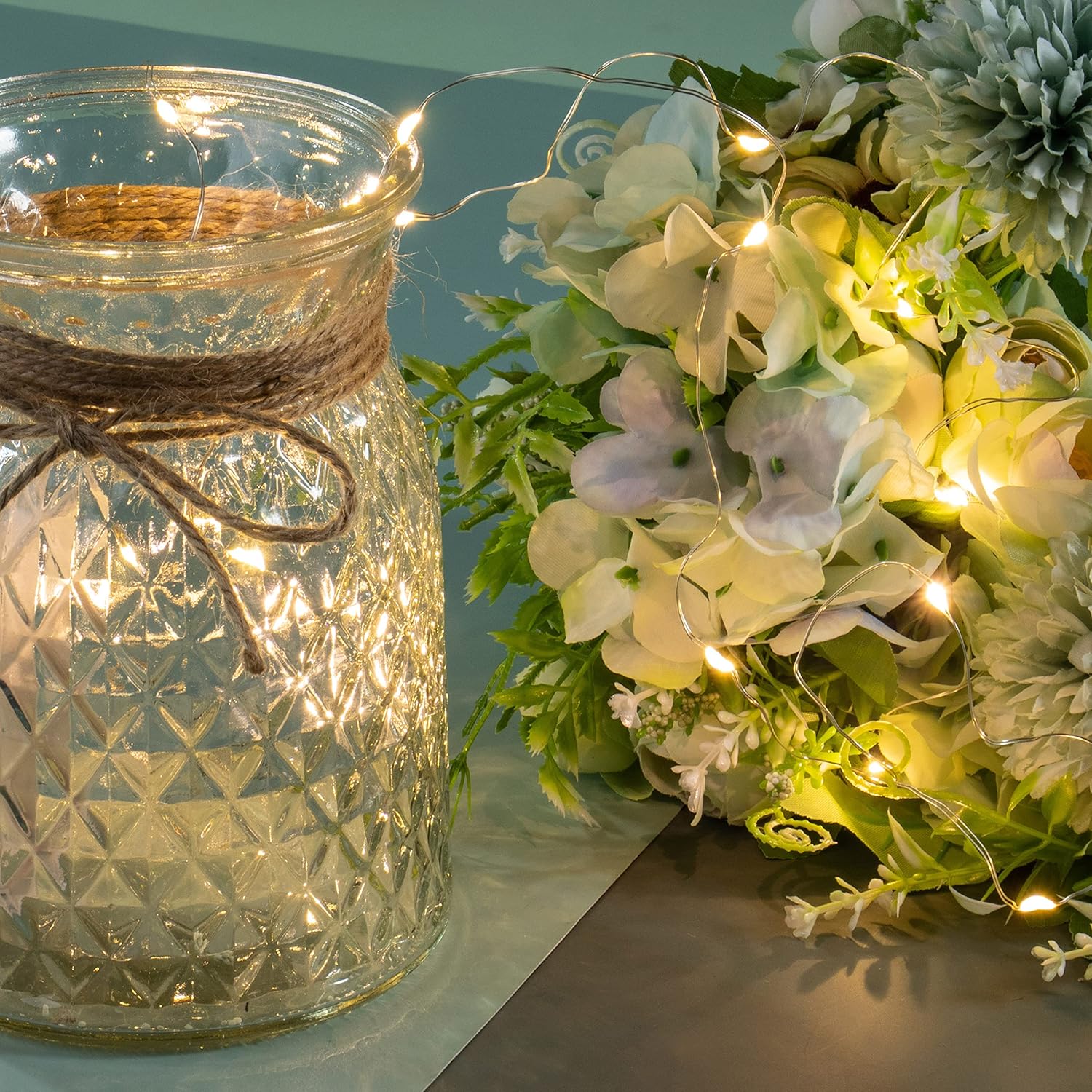 Artificial LED Green Rose Flowers with Glass Vase, Remote Control Led Light, Flower Arrangement for Table Centerpiece, Home Office Wedding Decoration - Image 3