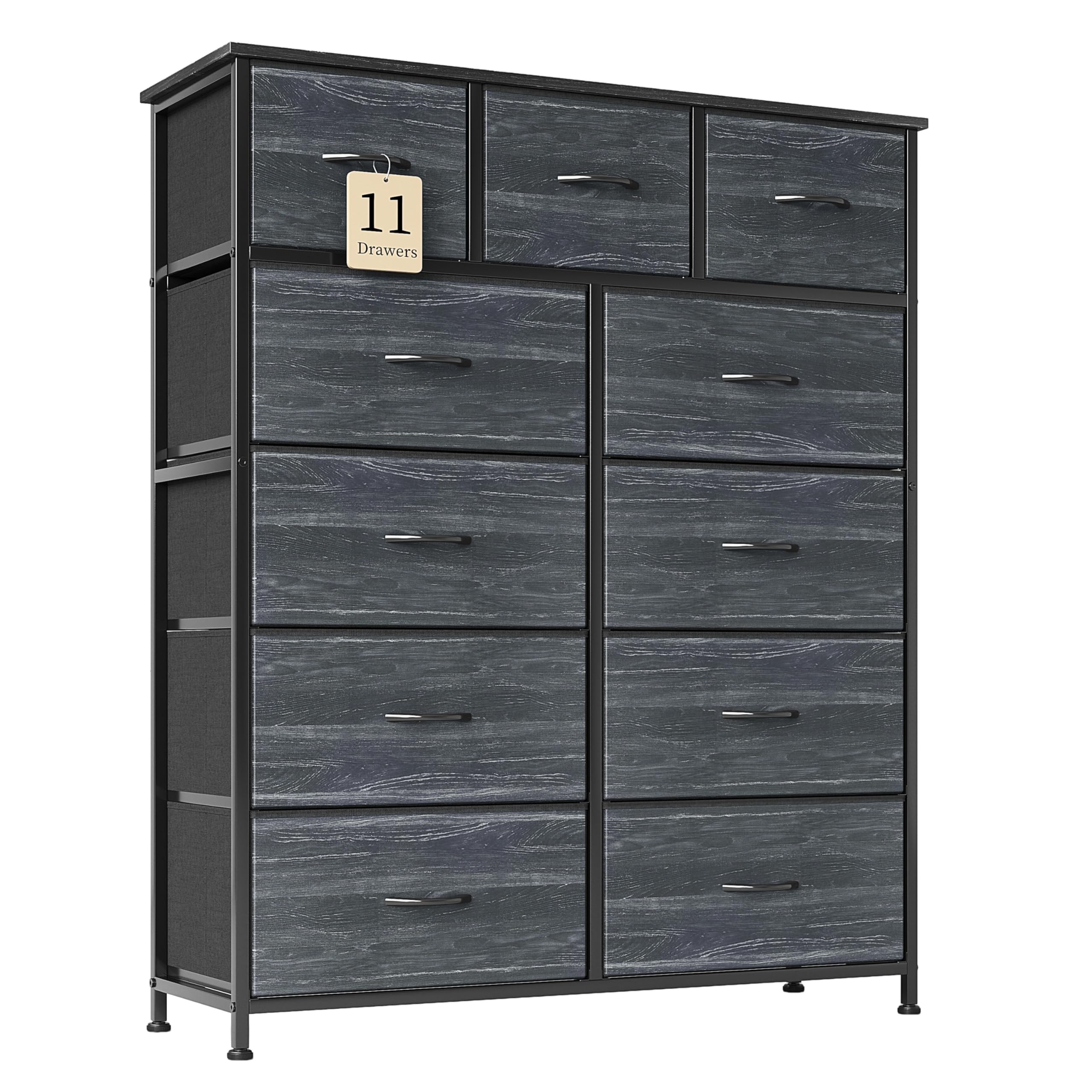 Flrrtenv Chest of Drawer with 11 Drawers, Modern Bedroom Cabinte, Fabric Drawers with Wooden Top, Sturdy Metal Frame, Tall Black Hallway Storage Unit