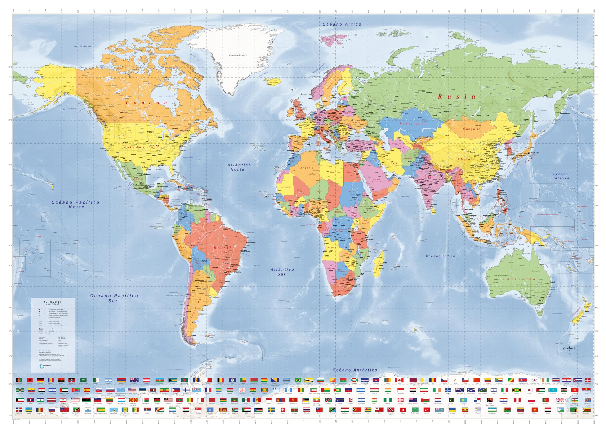 GeoMetro - Mapa del mundo grande (EN ESPAÑOL), póster político con laminación, con banderas, nueva edición, las banderas del mundo - 140 x 100 cm