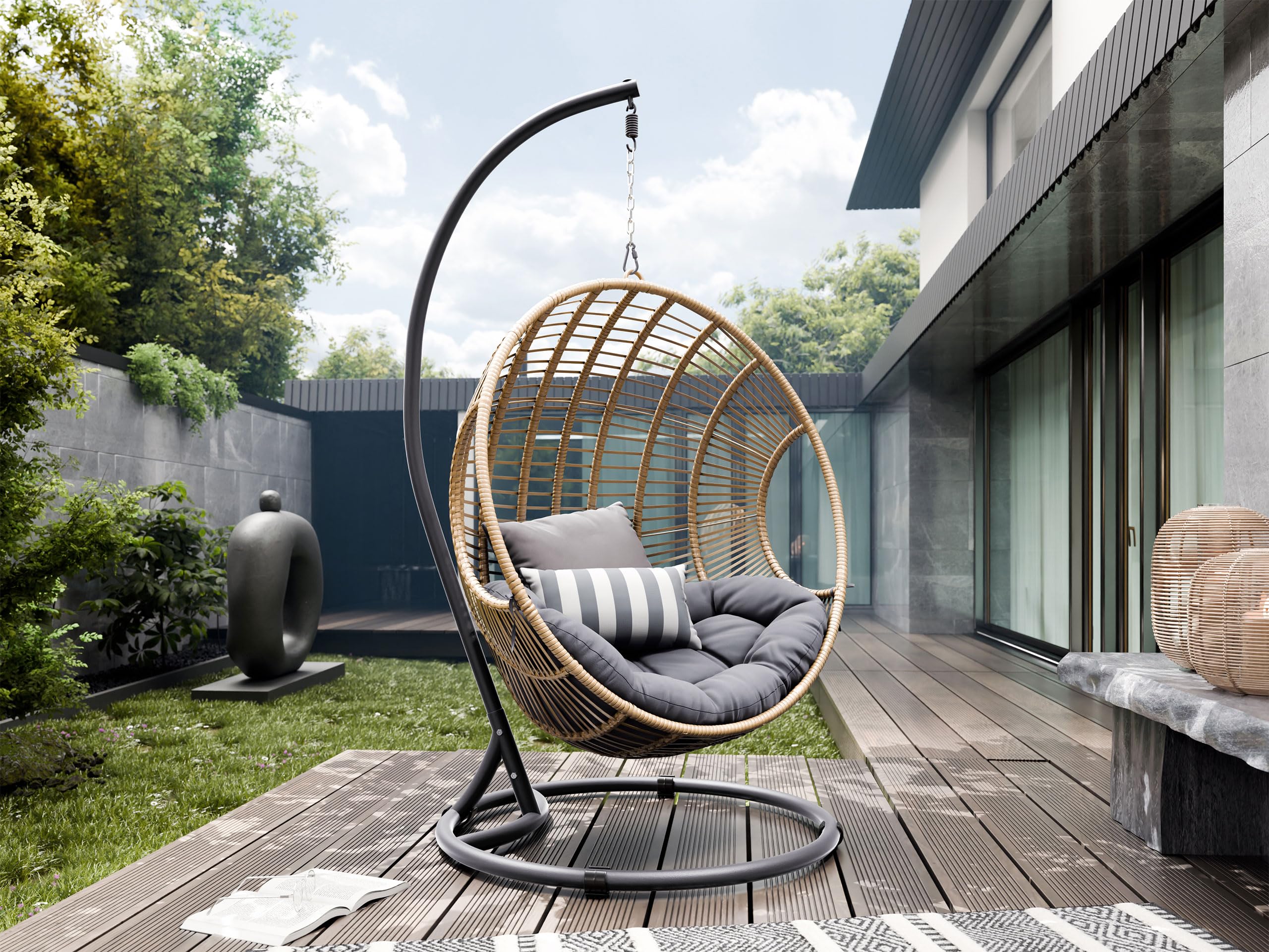 Mirjan24 Hängesessel mit Gestell und Kissen Nora, Hängestuhl mit Rückenkissen, Hängesitz, Hängekorb, Stahlskelett, Indoor & Outdoor (grau/natürliches Rattan + Kissen: grau 17)