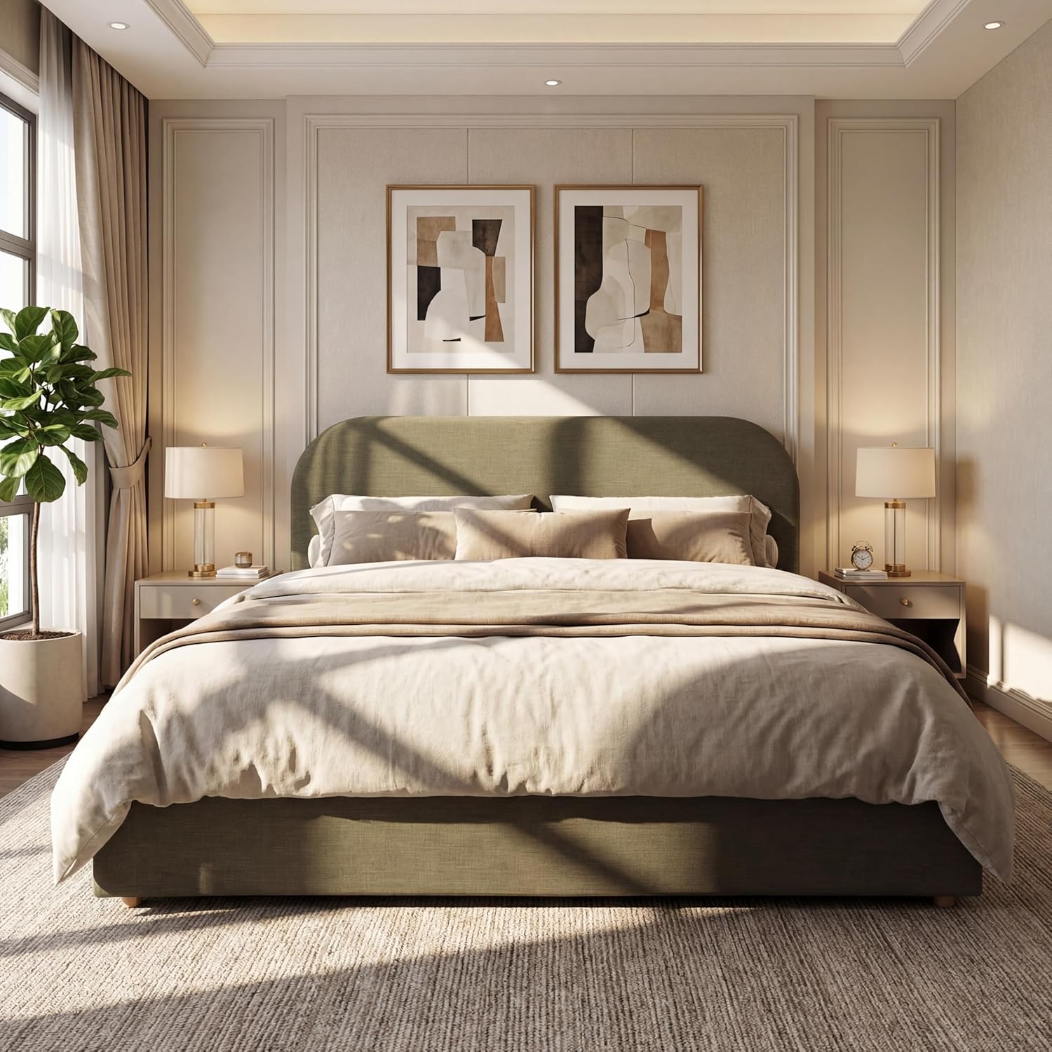 Christopher Knight Home Lanet Linen Upholstered King Size Bed Frame with Headboard, Modern King Bed Frame and Headboard, Wooden Slats Support, Easy Assembly, No Box Spring Needed, Olive Green