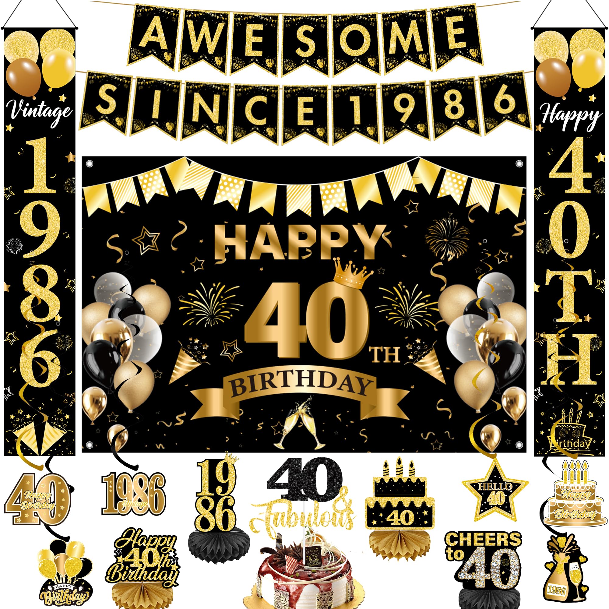 40th Birthday Decorations Men Women - 16 Pcs Black Gold Happy Birthday Backdrop Banner Hanging Swirls Honeycomb Centerpieces Door Banner Cake Topper For Cheers To 40 Years Old Party
