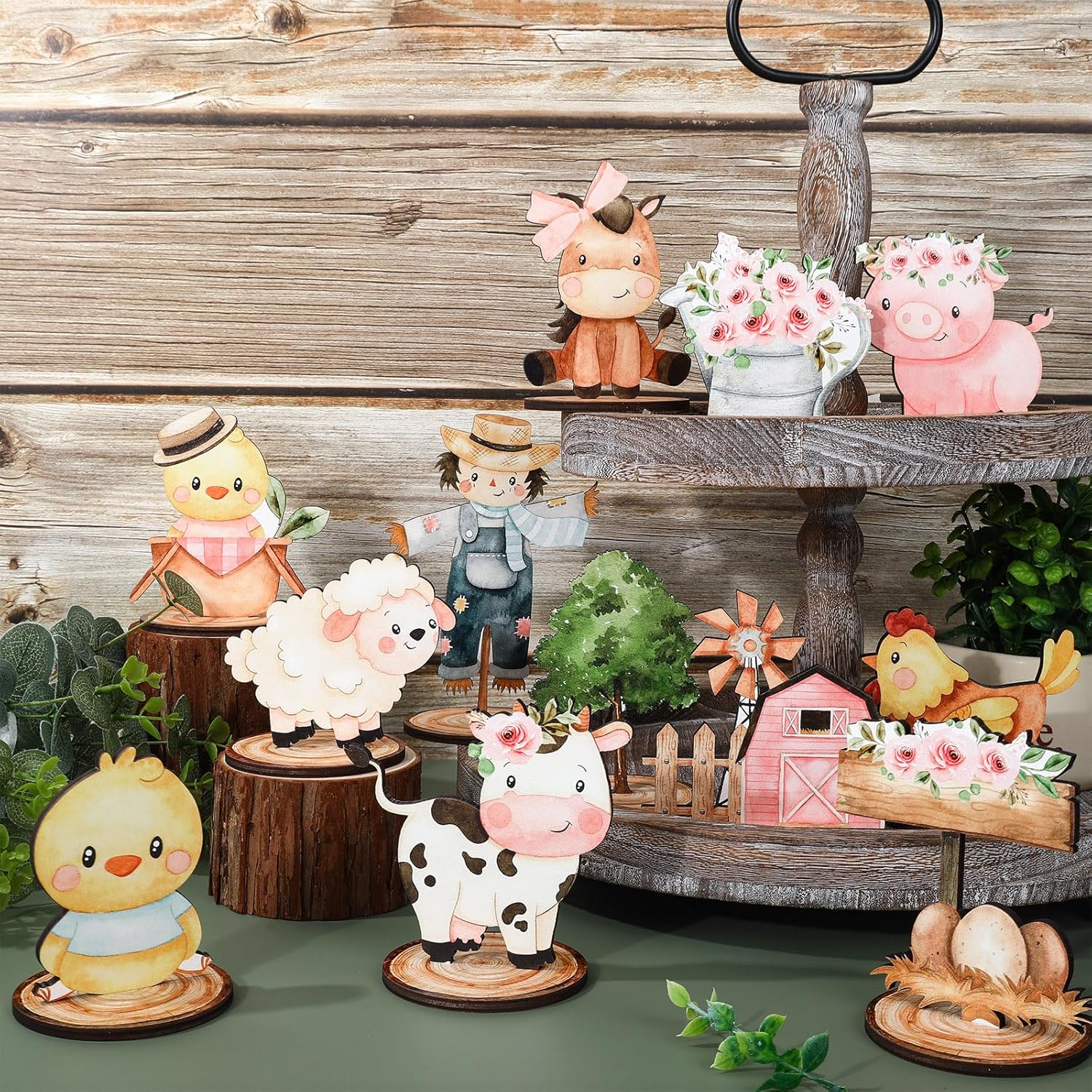 12Pcs Farm Animal Wooden Table Signs Cute Animal Tabletop Centerpiece Tiered Tray Decor for Farmhouse Home Office Birthday Baby Shower Party Supplies