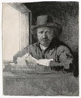 Spiffing Prints Rembrandt Harmenszoon Van Rijn - Self Portrait Leaning on Stone Sill - Extra Large - Archival Matte - Brown Frame