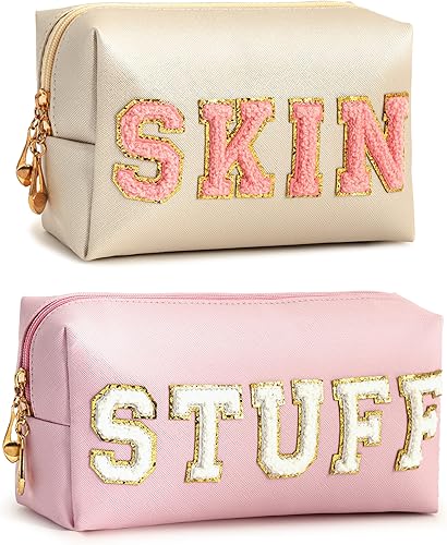 Vorey Bolsa de maquillaje Prepy, dorado (Shell Gold), Vorey Bolsa de maquillaje con letras de chenilla