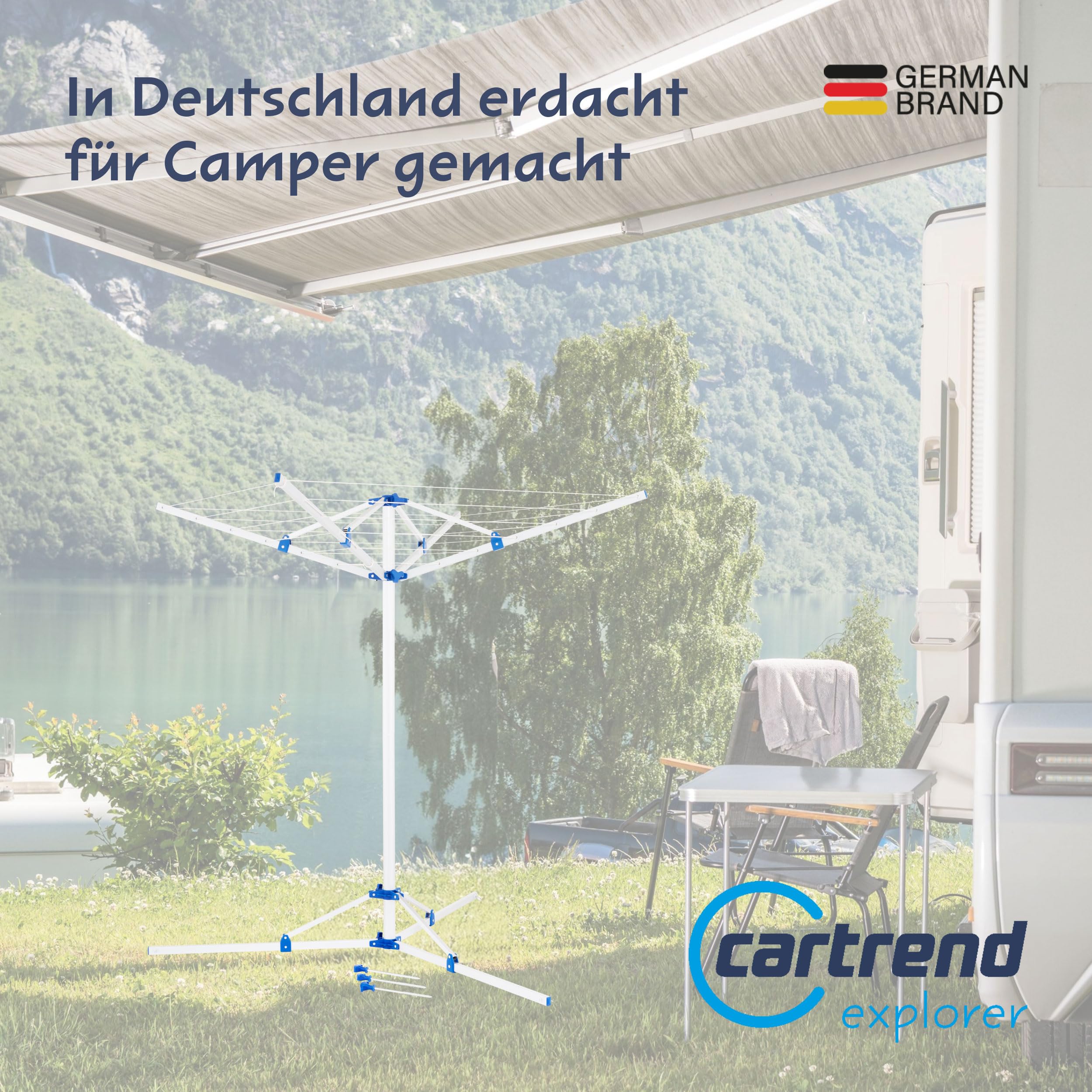 cartrend Caravan Wäschespinne Alu mit Stativ, ultraleicht mit sicherem Stand, stufenlos höhenverstellbar, witterungsbeständig, robust, zusammenklappbar, platzsparend, mit 3 Heringen und 3 Standfüßen