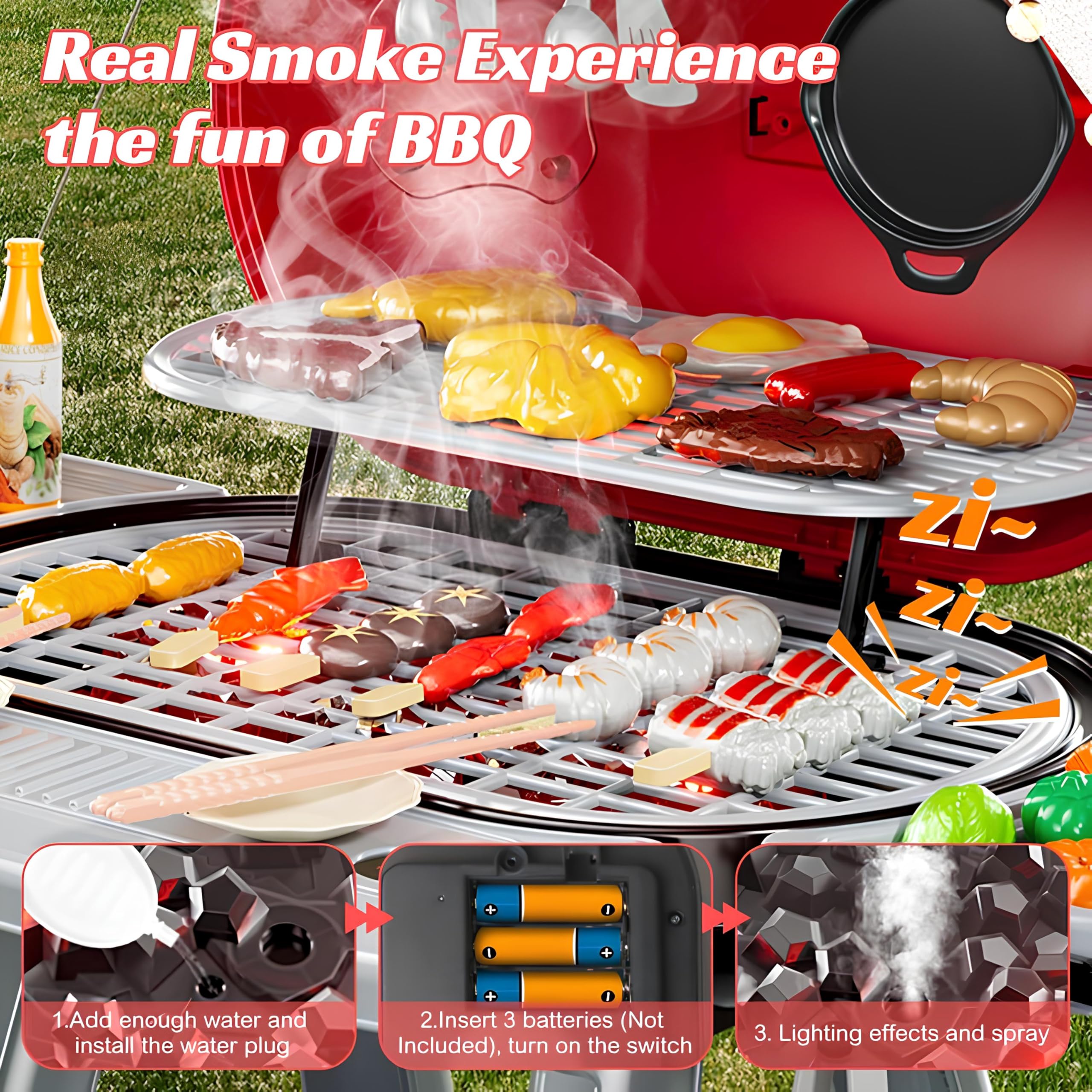 Barbecue Giocattolo Grill con Effetto Fumo Luci Suoni Realistici di Cottura Rubinetto Funzionante ad Acqua Griglia BBQ Barbeque da Cucina con Fumo Grill per Bambini con Accessori Cibo da Grigliare (A)