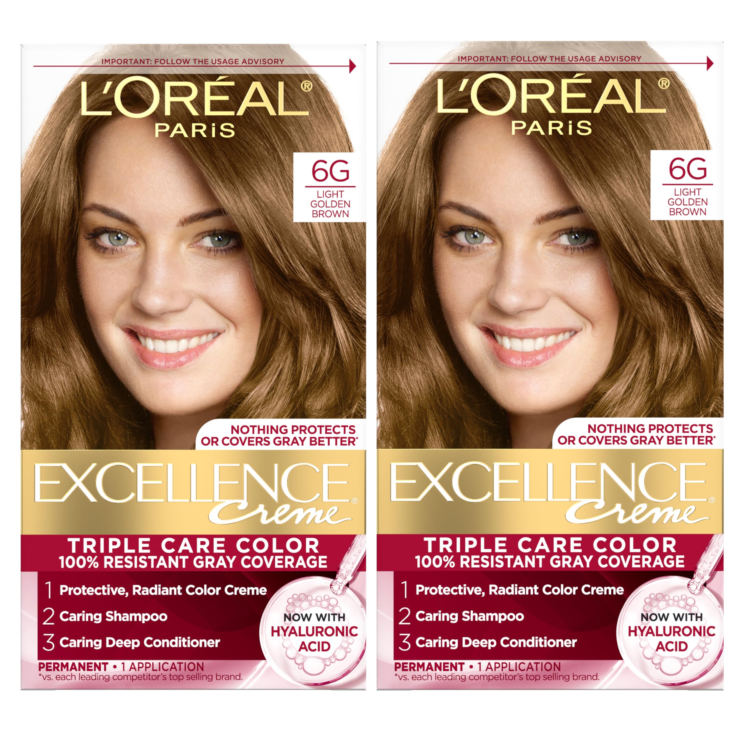 L'Oral Paris Excellence Crme Permanent Hair Color, 6G Light Golden Brown, 2 COUNT 100% Gray Coverage Hair Dye