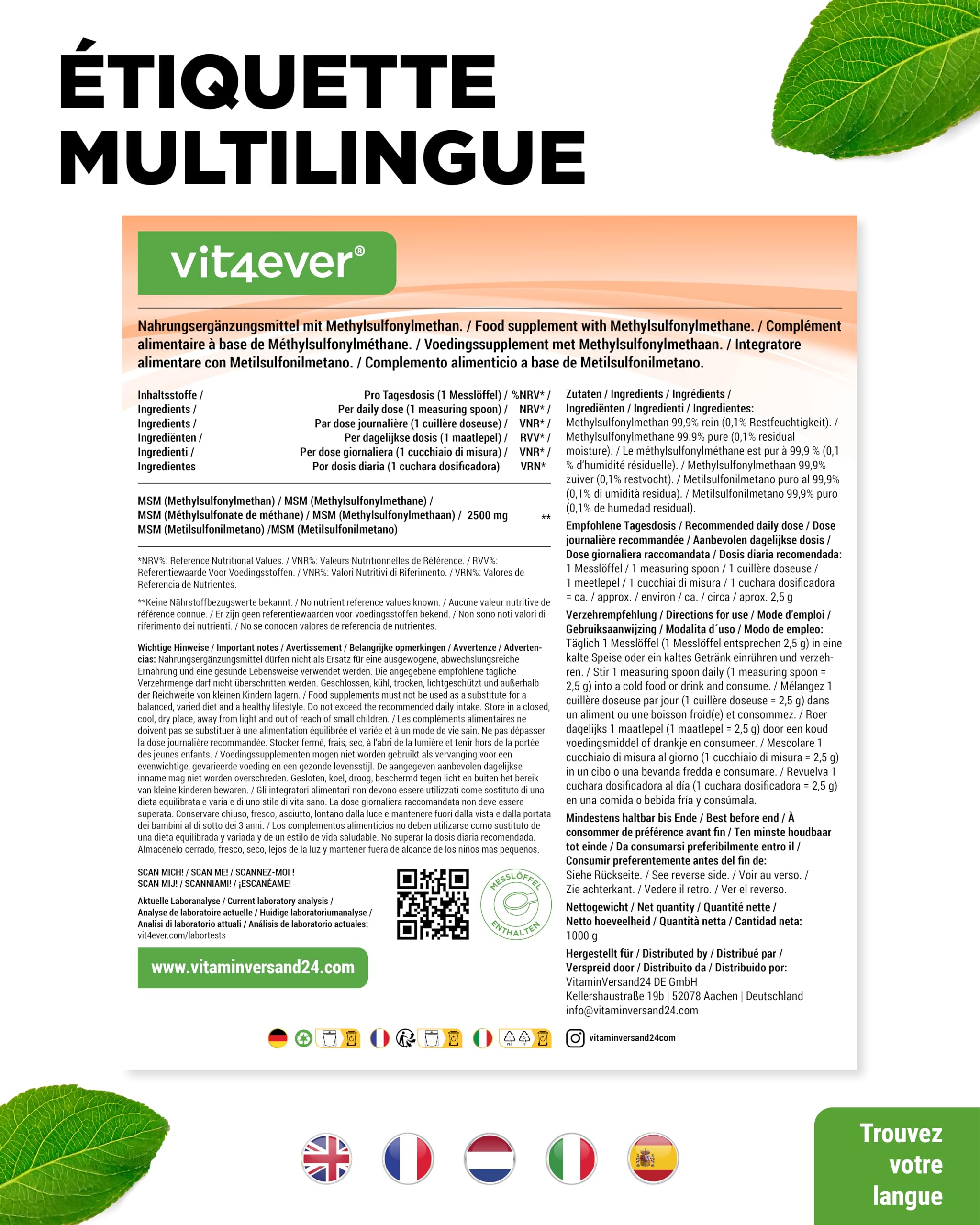 Poudre de MSM - 1 kg (1000 g) - 99,9% de Méthylsulfonylméthane Cristallin Pur - Facteur Mesh 40-80 - Soufre Organique - Végane, Sans Additifs