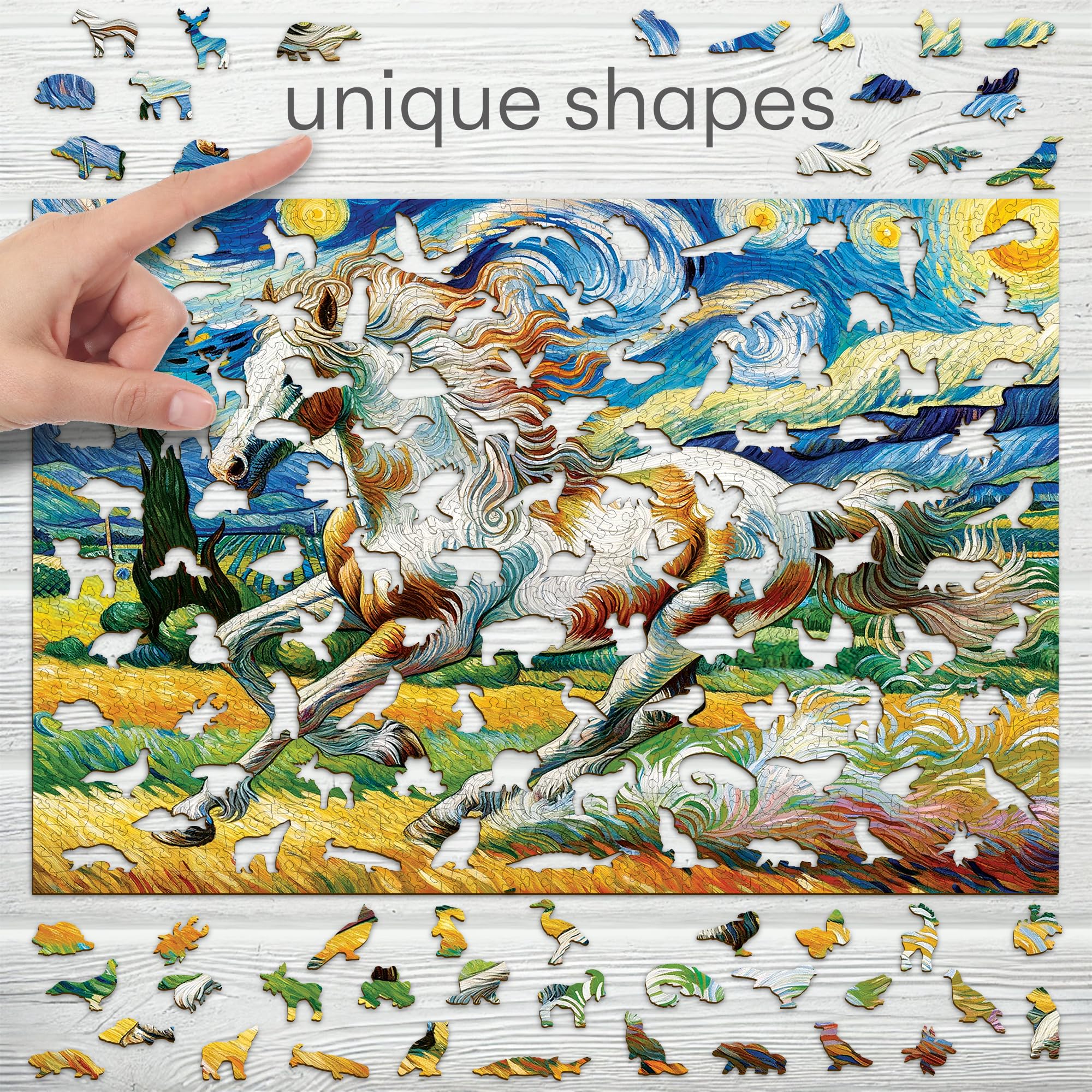 WOODEN.CITY Puzzle en bois 1000 pièces - Cheval rapide avec 100 pièces en forme d'animal - 53,9 x 39,4 cm - Conçu et fabriqué dans l'UE