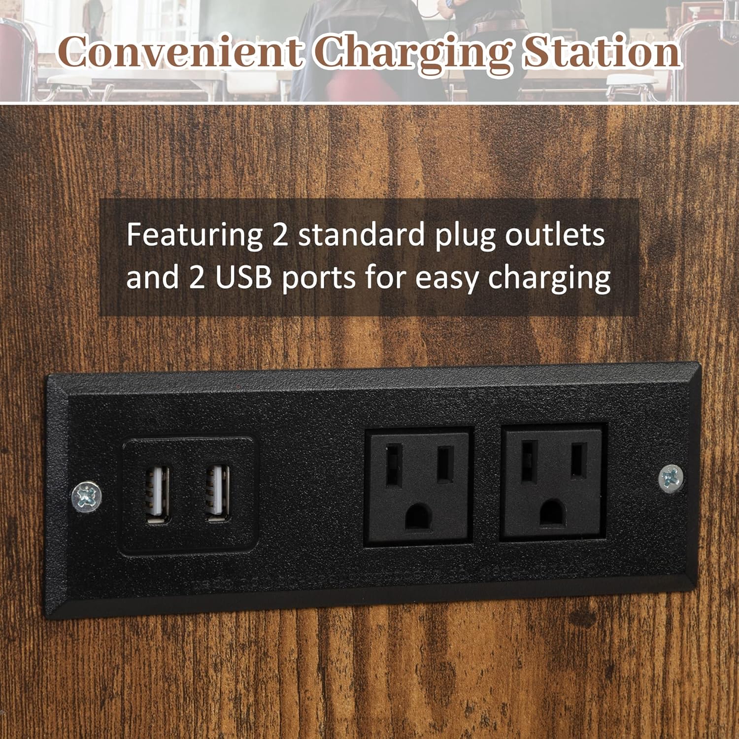 Salon Trolley Cart with Charging Station, Sturdy, Rustic Brown, Hair Stylist