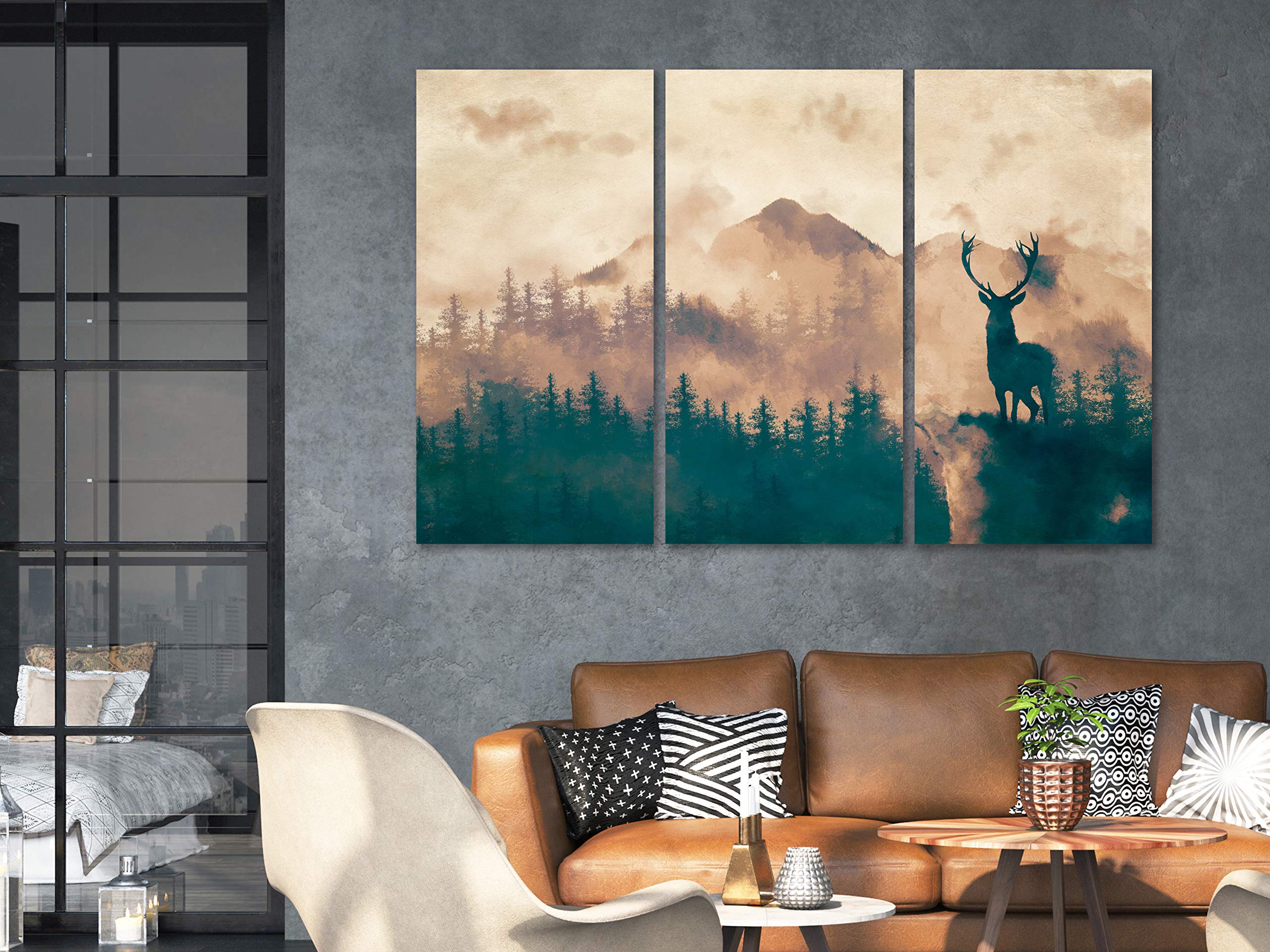 artgeist Acoustic Canvas Wall Art Deer 47x31 in - 3pcs Picture with Acoustic Foam Sound Print Artwork Room Acoustics Soundproofing Landscape Montanas Forest Panorama Fog Animals c-A-0210-b-e