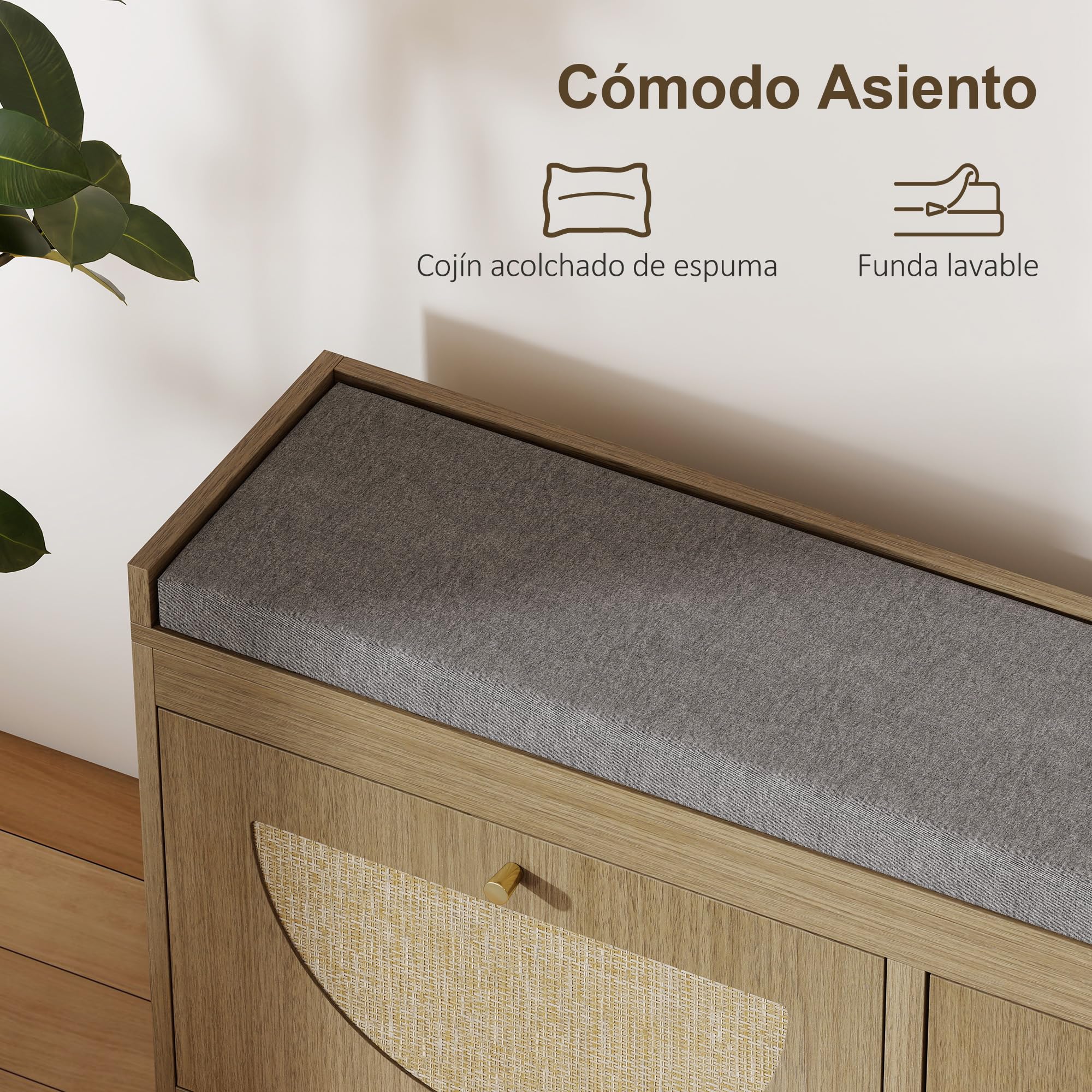 HOMCOM Banco Zapatero Bohemio con Asiento Acolchado 105x35x47 cm Natural | Banco Recibidor, Puertas Frentes de Ratán, Estante Ajustable, para 8 Pares de Zapatos, para Entrada