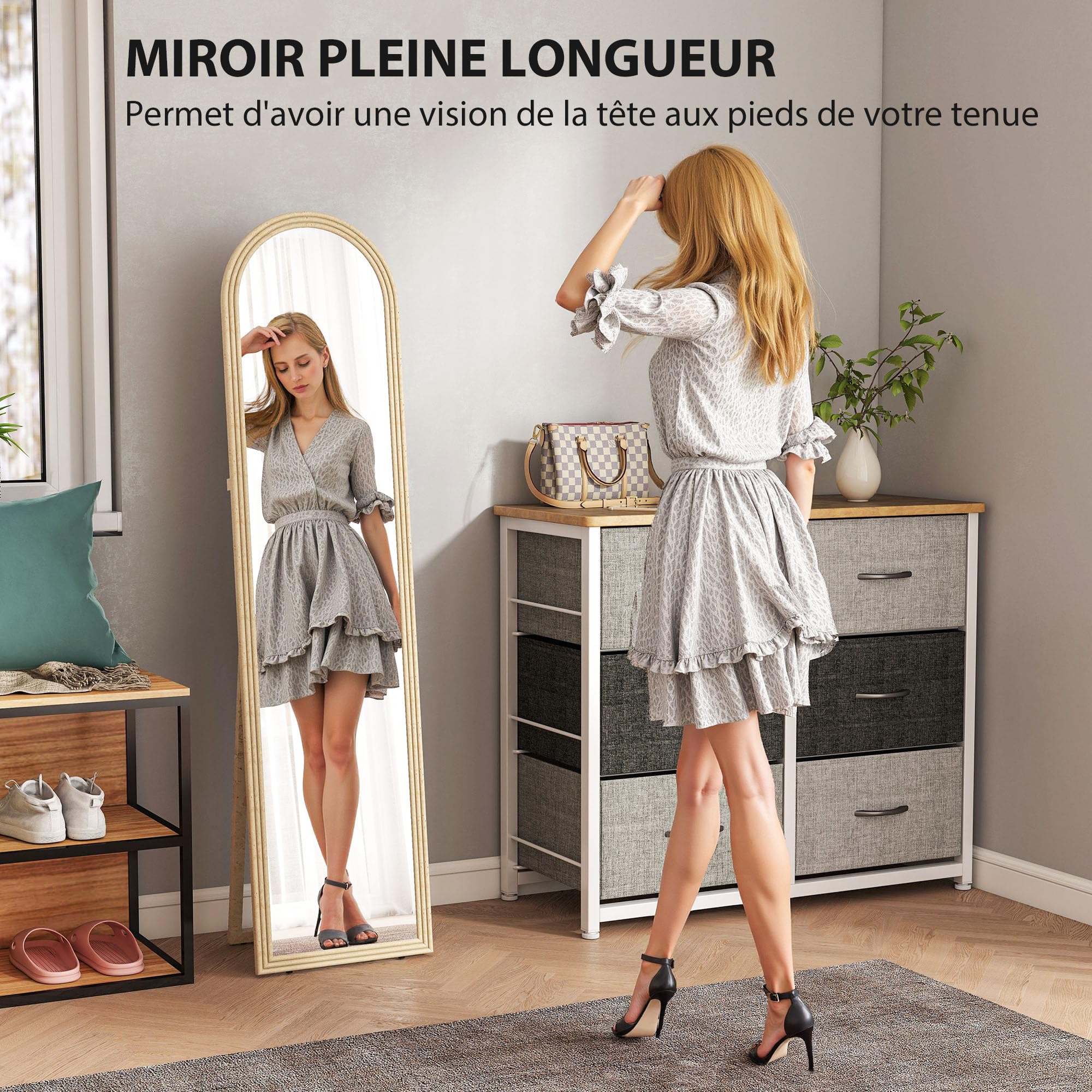 HOMCOM Miroir de Sol arqué Pleine Longueur 40 x 160 cm sur Pied, Beige