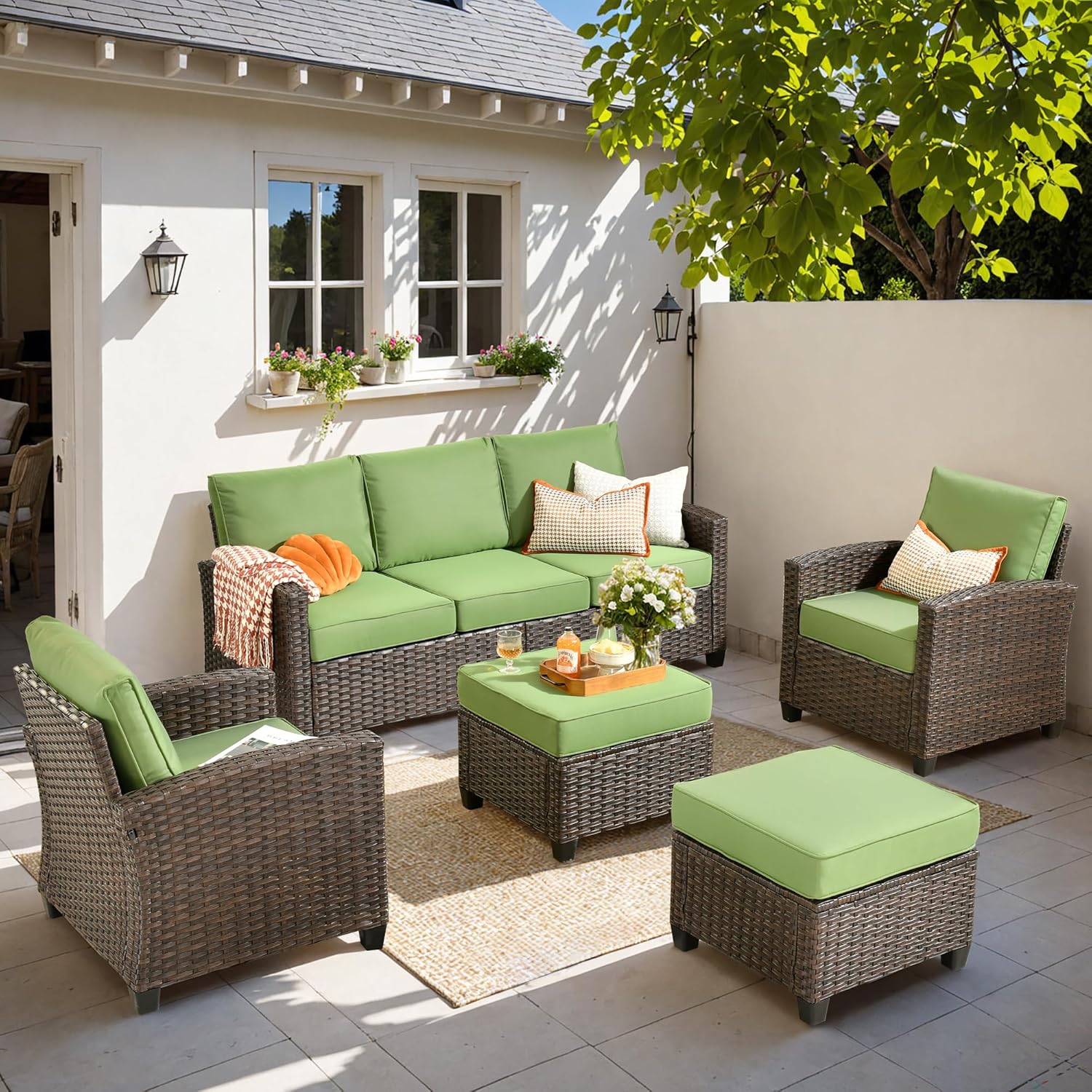 Patio Furniture Sets, Outdoor Wicker Furniture with Ottomans, 5 Pieces Outdoor Sofa Couch Conversation Set with Cushioned Rattan Chairs for Garden Poolside Backyard, Green