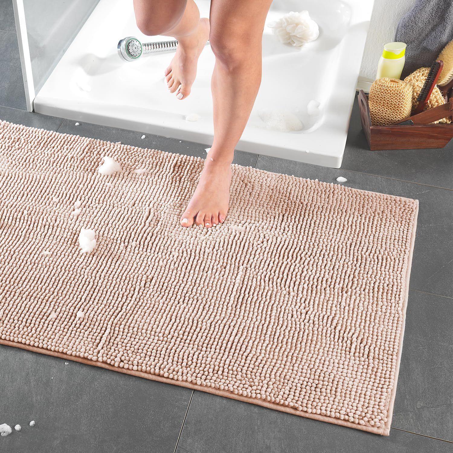 Dreamhome hochwertige große Badematte 65x110 rutschfest Badezimmerteppich Badvorleger schnell trocknender pflegeleichter Duschvorleger Farbe: Sand