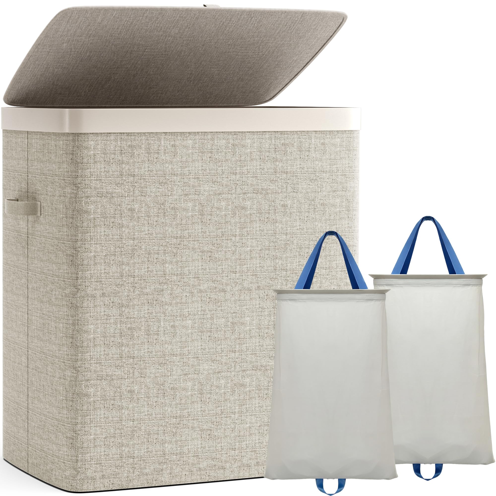 100L Wäschekorb mit Deckel, Wäschesammler 2 Fächer mit herausnehmbaren Wäschesäcken, Faltbare Wäschebox für Schmutzwäsche, Wäschebehälter für Badezimmer und Schlafzimmer, Beige