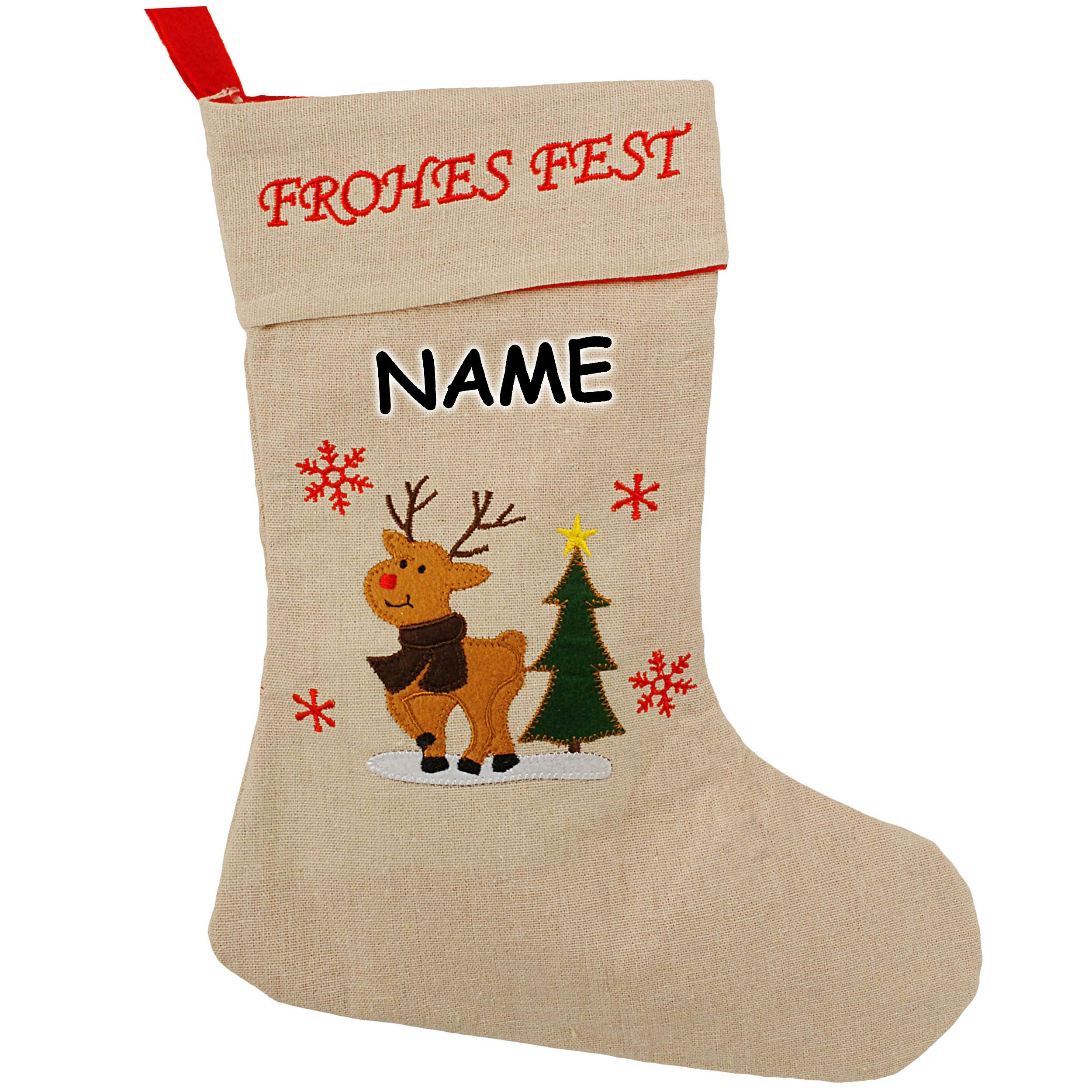 alles-meine.de GmbH 10 Stück XL - Weihnachtssocken & Weihnachtsstrümpfe - Frohes Fest - lustiger Elch/Rentier - 38 cm - rot - zum Aufhängen - Nikolausstiefel - Nikolausstrümp..