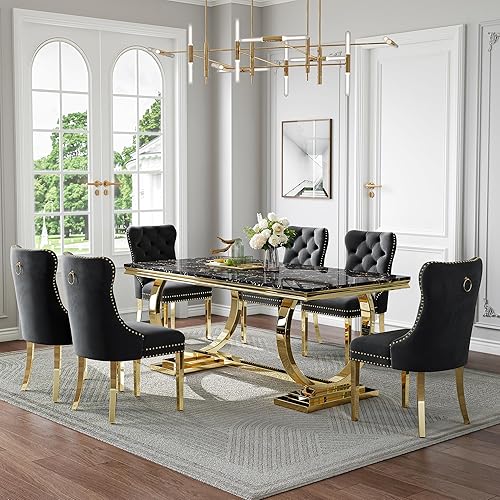 Miniatura 38 de Juego de mesa de comedor de mármol sintético de 70 pulgadas para 6, mesa de cocina grande y sillas de cuero sintético blanco, mesas de comedor Plata