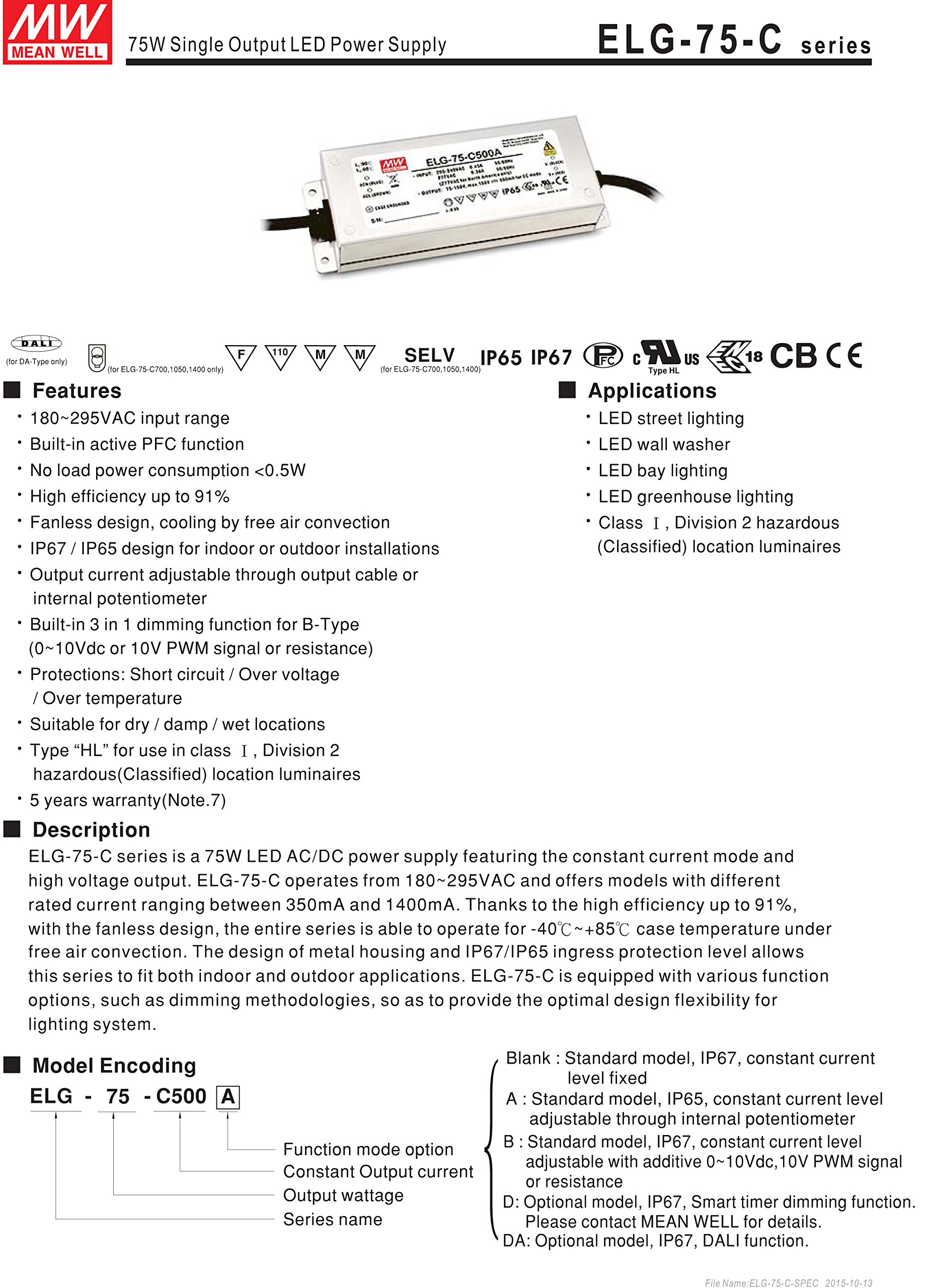 [PowerNex] Mean Well ELG-75-C1050B 71V 1050mA 74.55W Single Output Switching LED Power Supply with PFC