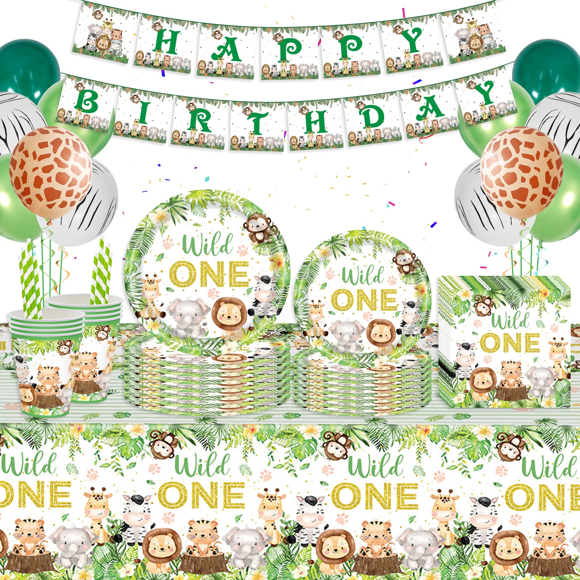 Jungle Safari Birthday Party Tableware Kit - 132 Pcs for 20 Guests, Wild One Plates, Cups, Tablecloth, Balloon for Kids Boy Girl 1st Animal Birthday