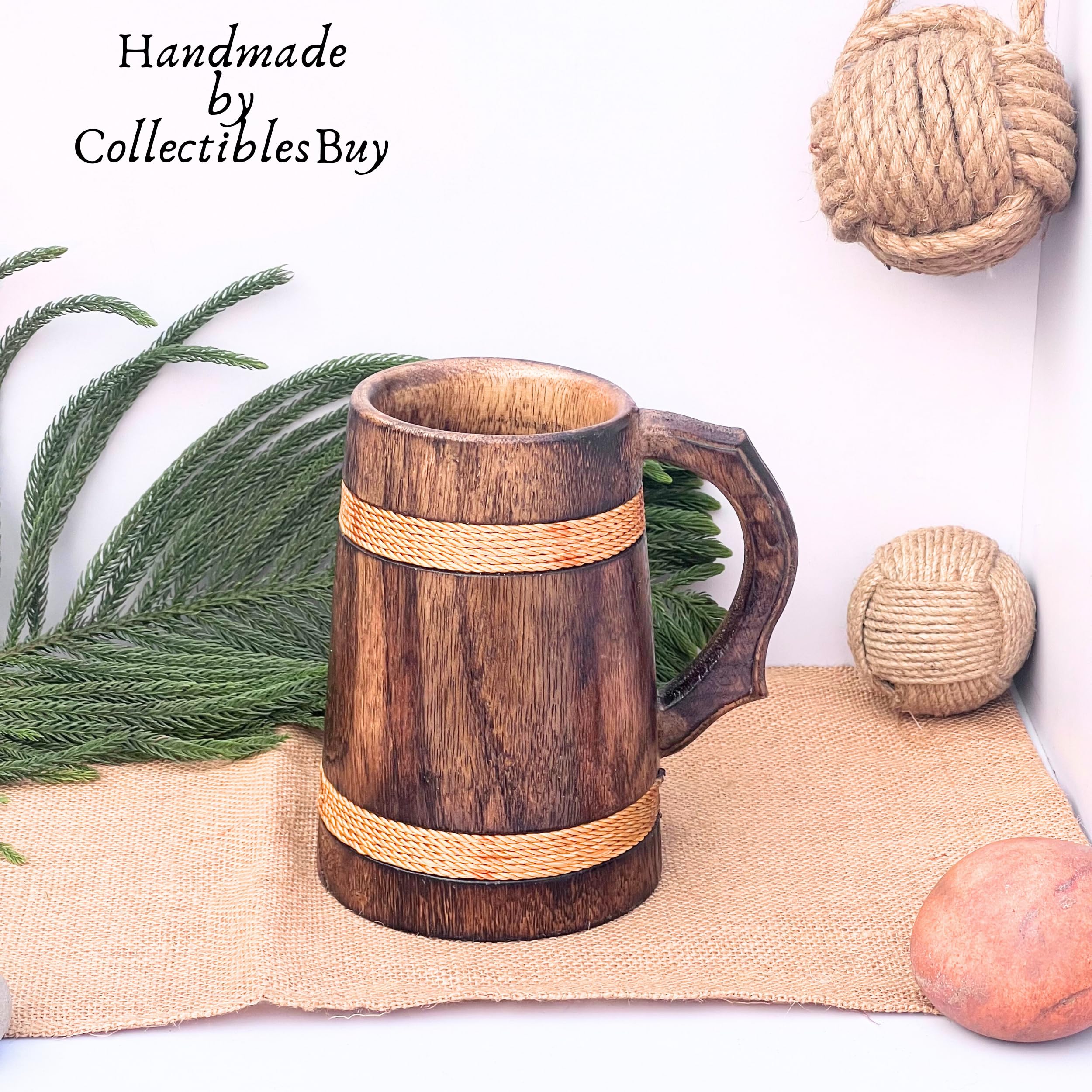 collectiblesBuy Naturholzkrug in Antik-Optik, für Kaffee, Tee, Feier, Küche, Bar, Zubehör, handgefertigt, rustikal, Holz-Bierkrug