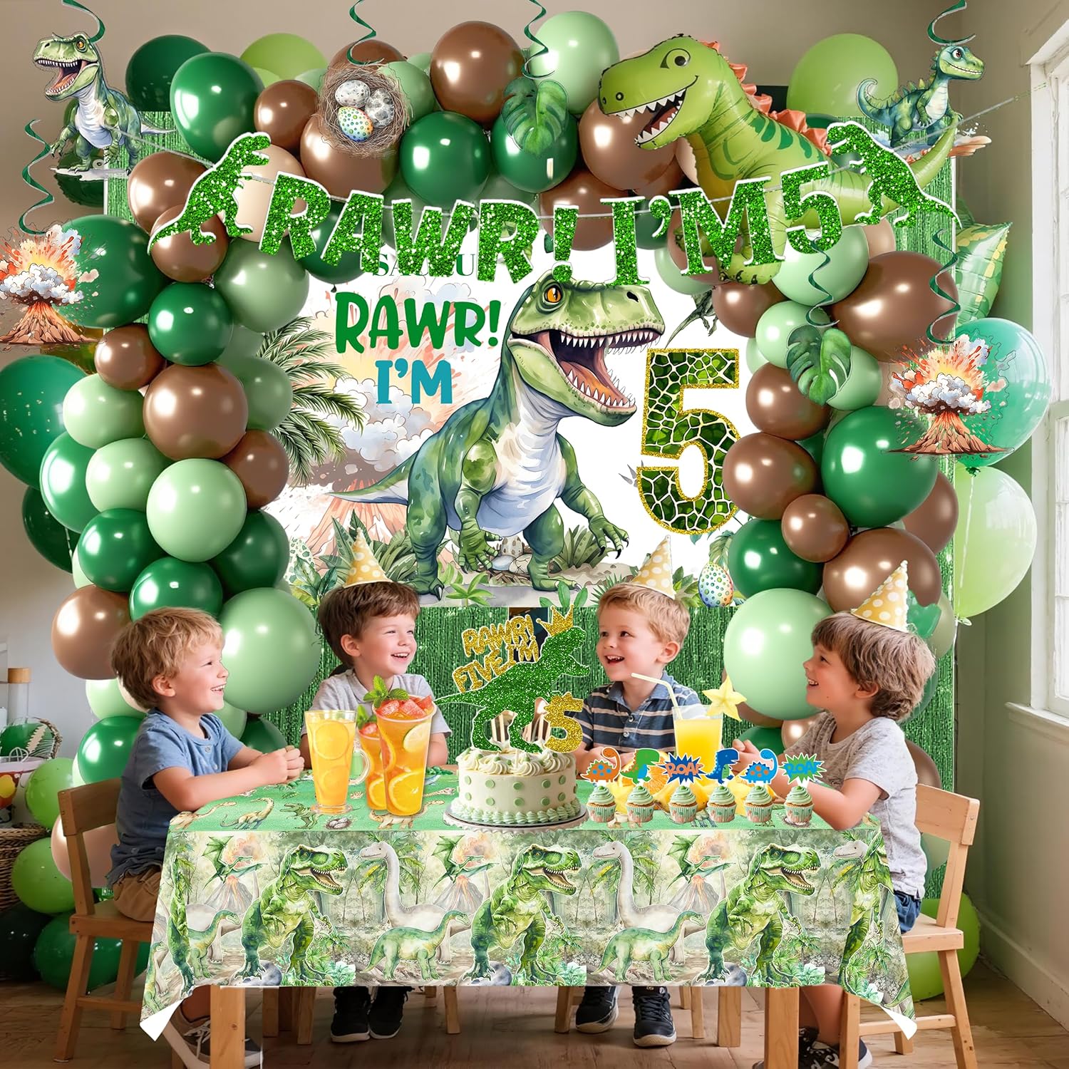 Dinosaur Boys 5th Birthday Dino Jurassic Party Supplies: Banner, Backdrop, Tablecloth, Cake Toppers, Balloons