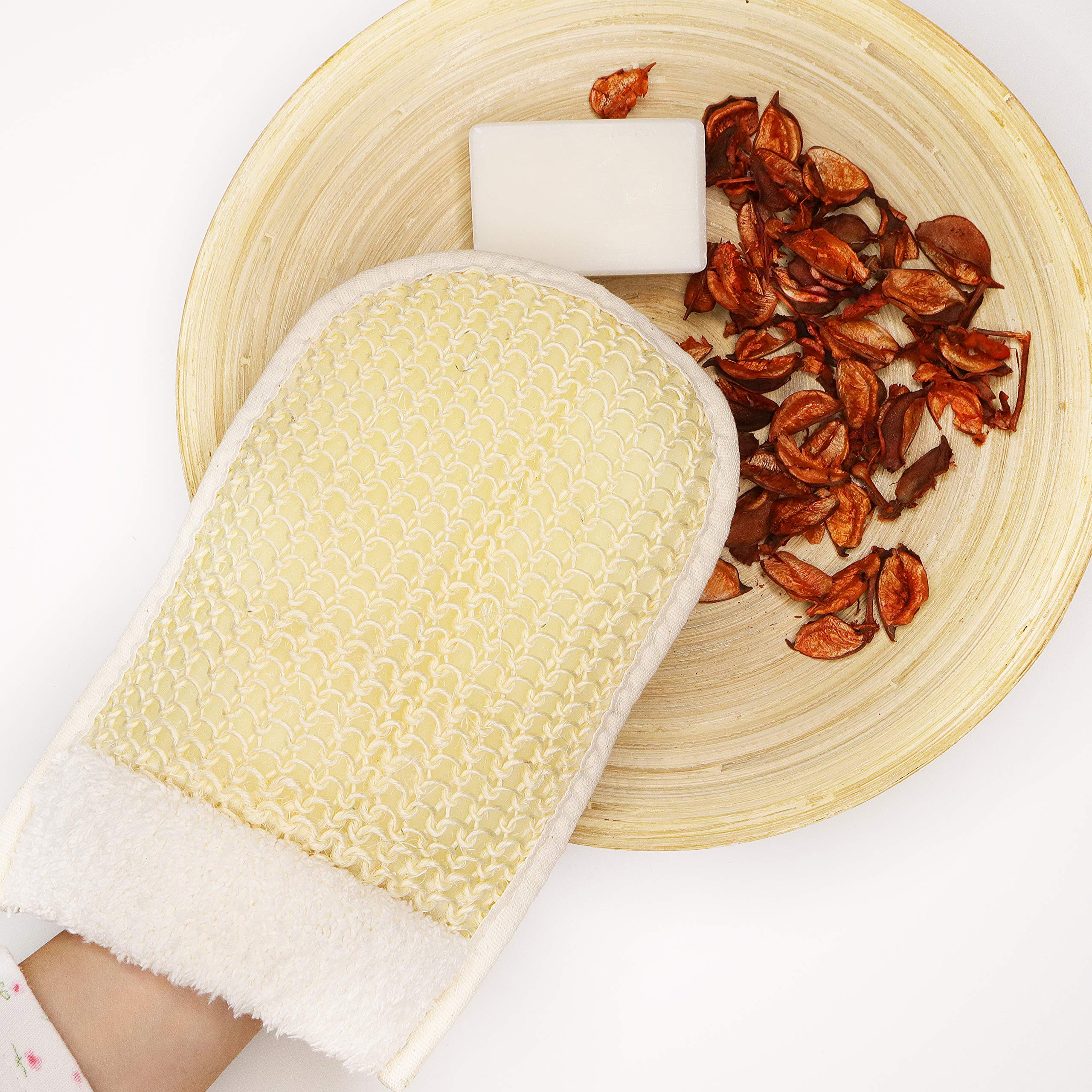 Coimoon - Set di 4 scrubber esfolianti naturali da bagno con setole di sisal, guanti, luffa, viso e corpo, spugnetta per viso e corpo, pietra pomice, esfoliante per la schiena (confezione da 4)
