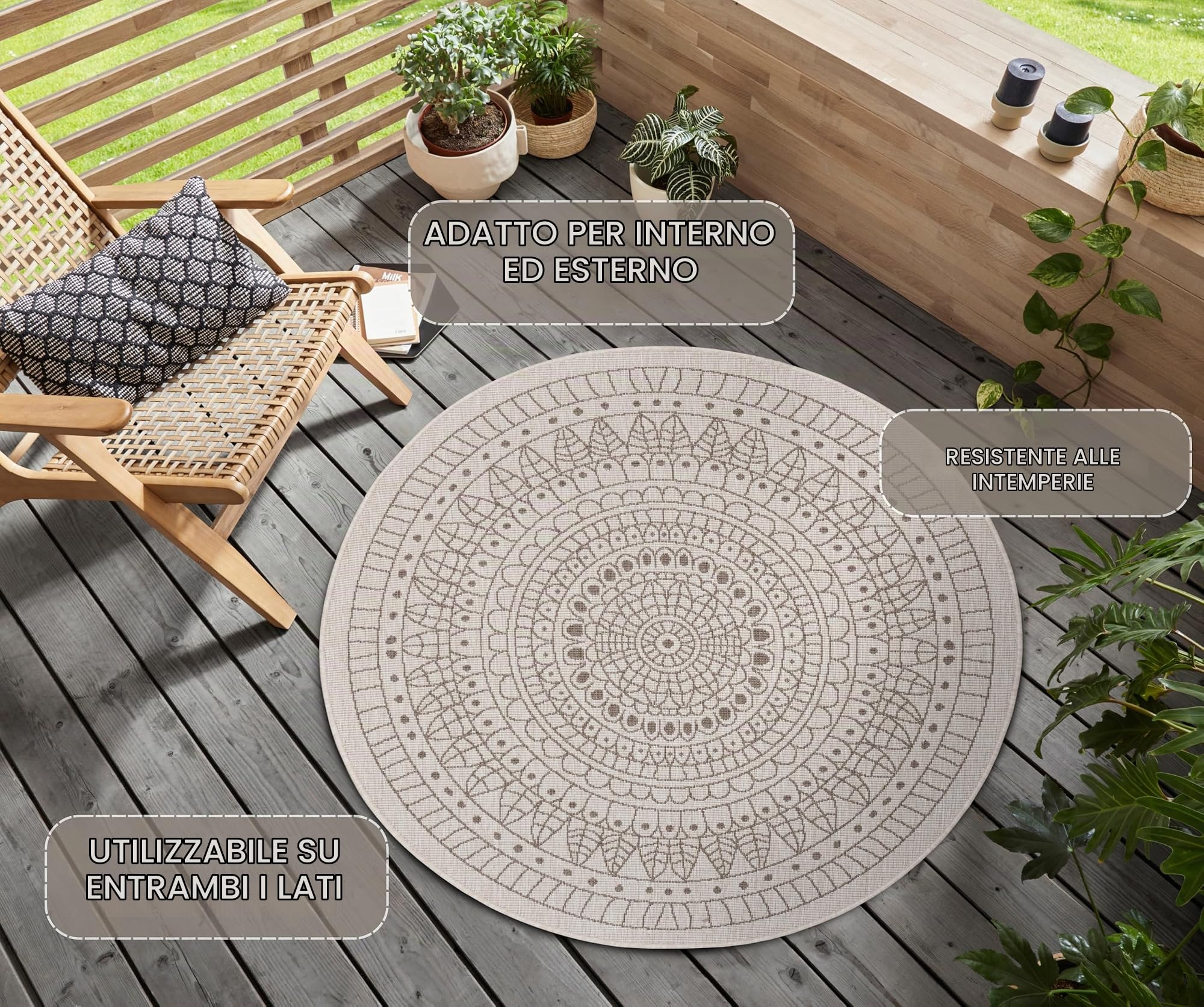 Northrugs Porto - Tappeto rotondo reversibile, impermeabile, motivo mandala, resistente alle intemperie, per balcone, terrazza, giardino, soggiorno in line, diametro 100 cm