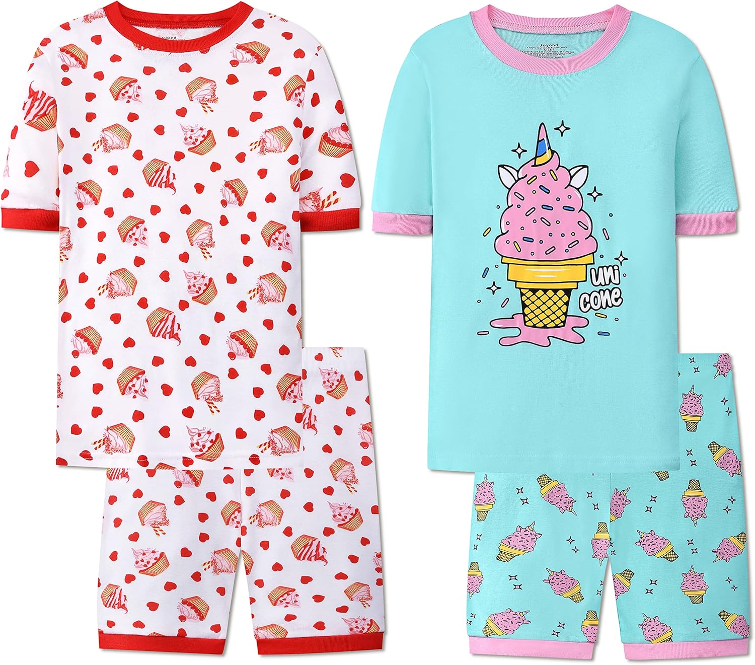 Joyond Girls Pure Cotton Summer Pjs Size 2T-14Years, Little Girls Short Sleeve 4-Piece Sleepwear Kids Toddler Pajamas Set 2T Cake&rose Ice Cream
