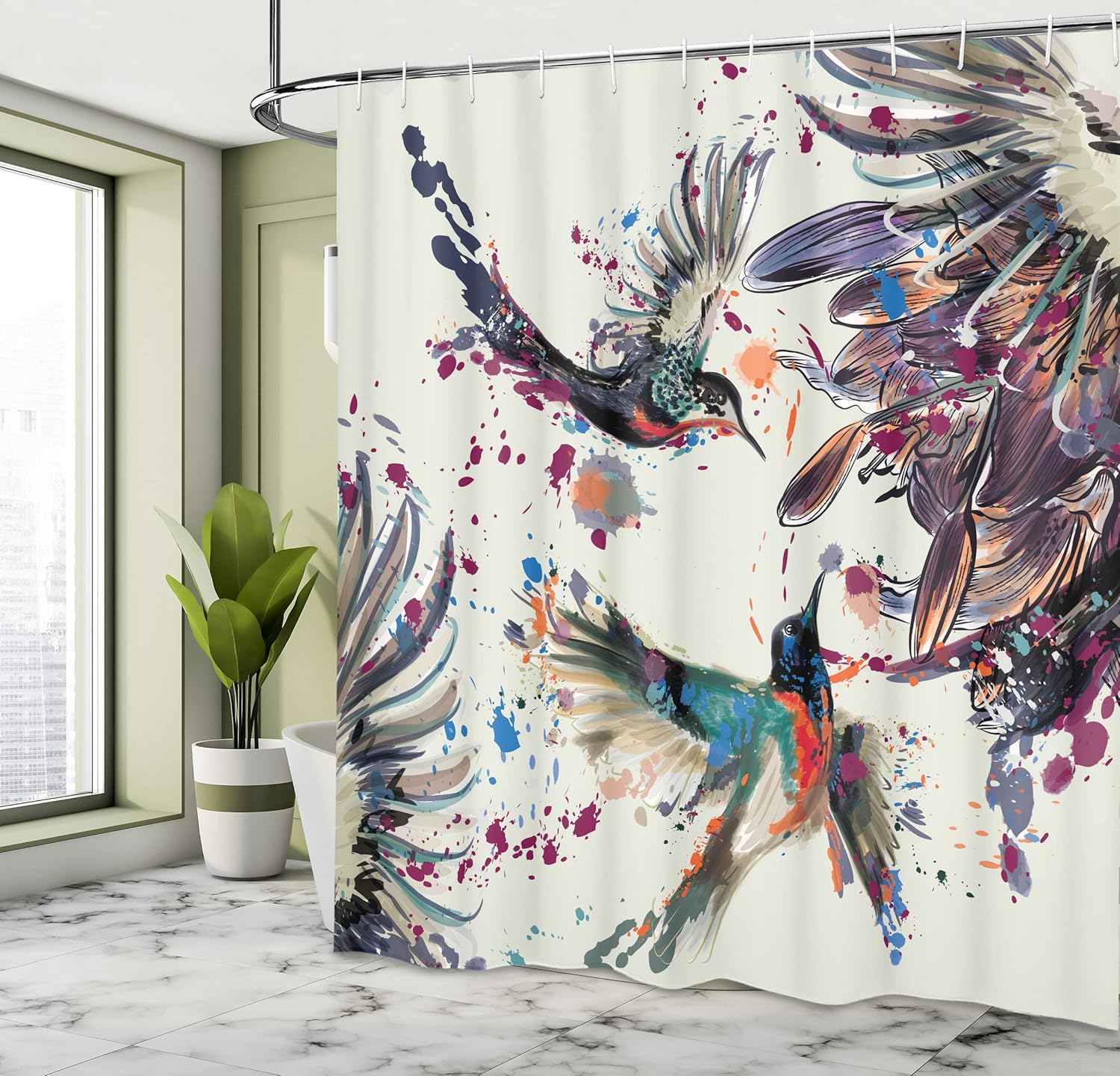 Ambesonne Hummingbird Shower Curtain, Art Lily Flowers Birds and Color Splashes in Watercolor Painting Style, Cloth Fabric Bathroom Decor Set with Hooks, 69" W x 75" L, Pale Eggplant