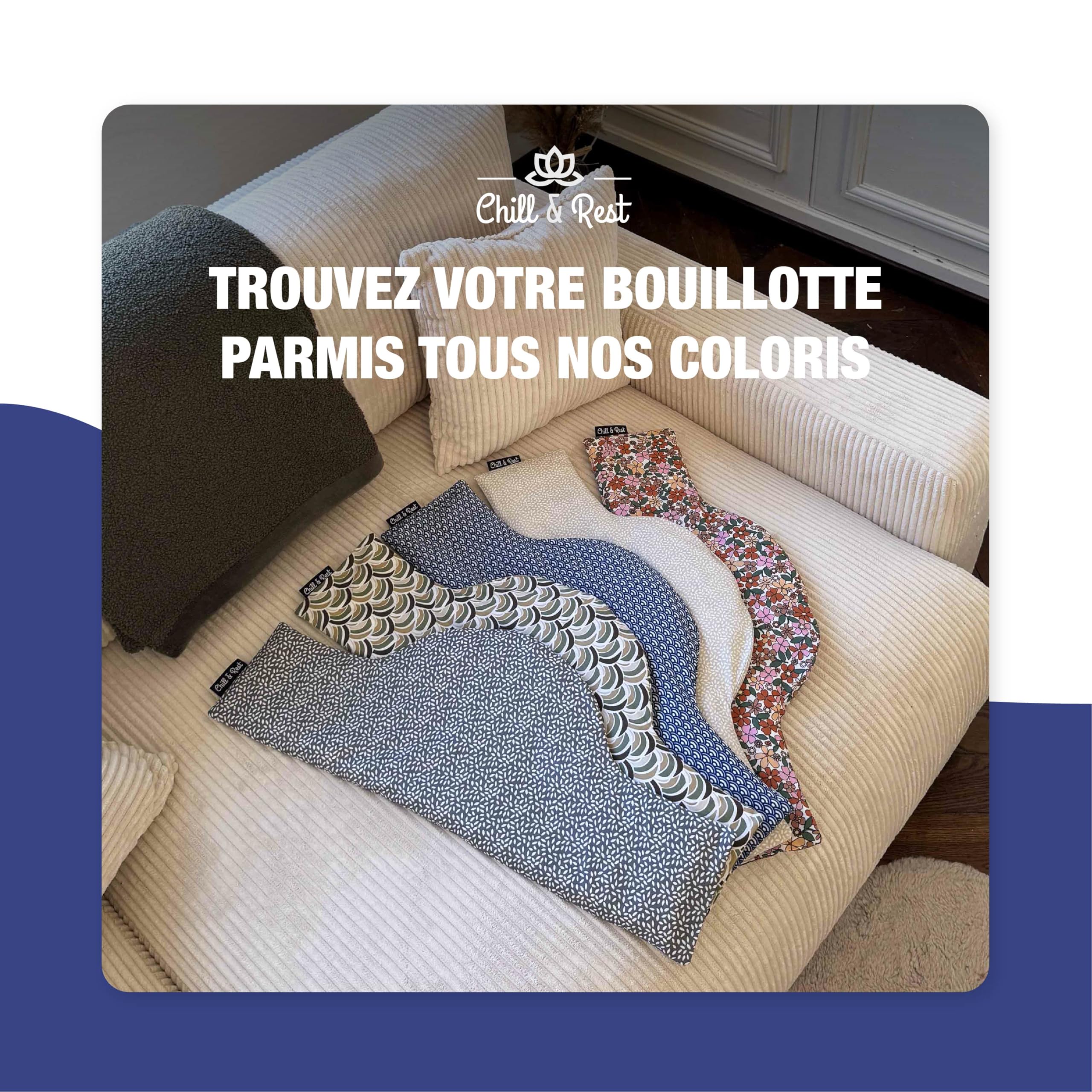 Chill&Rest - Bouillotte cervicales micro onde déhoussable - Fabriquée en France - Coussin chauffant dos - Graines de lin - Masque migraine - Bouillotte ventre - Collier cervical - Bleu - La Segaiha