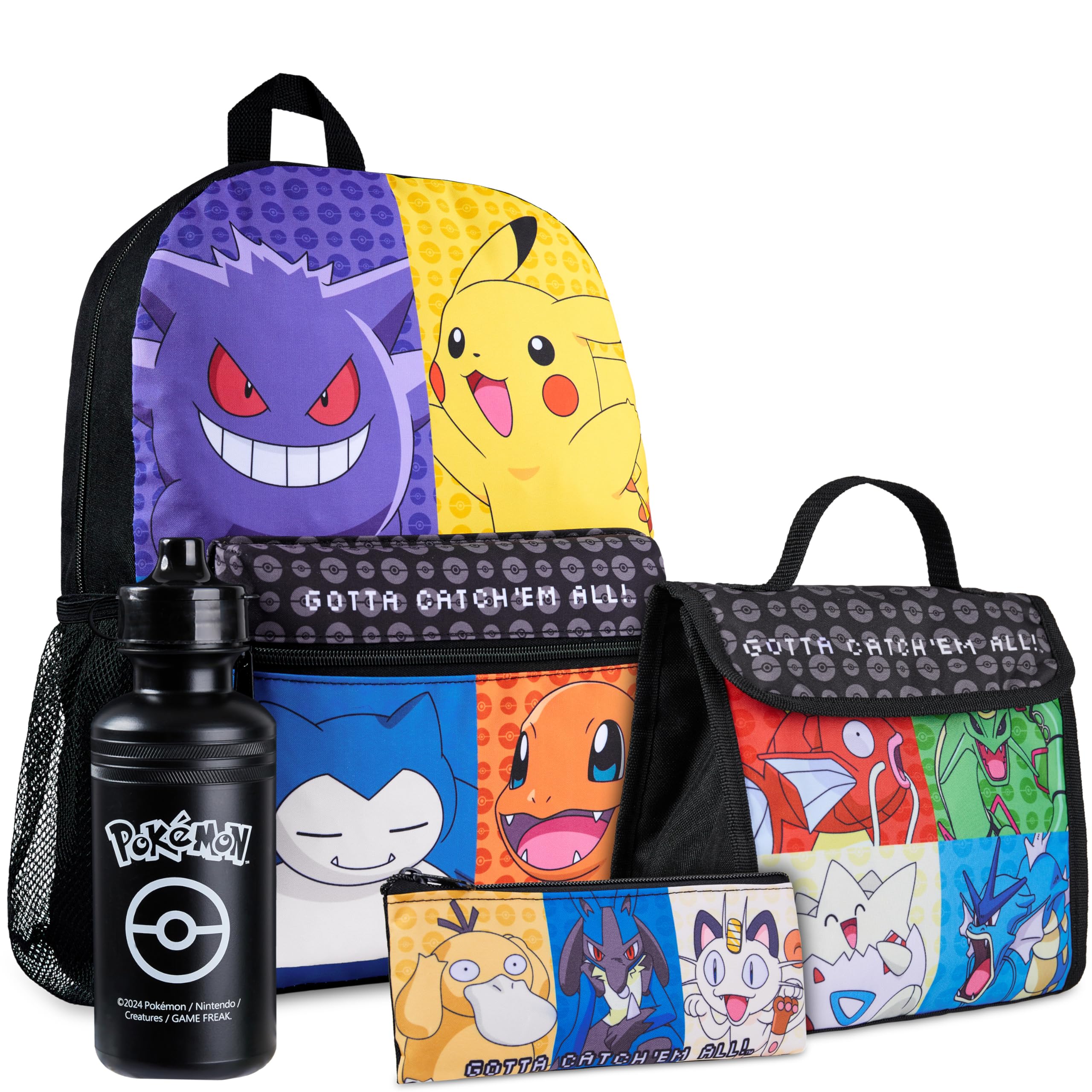 Pokémon Mochila Set, 4 Piezas - Mochila Escolar, Botella de Agua, Billetera, Estuche (Negro/Amarillo)
